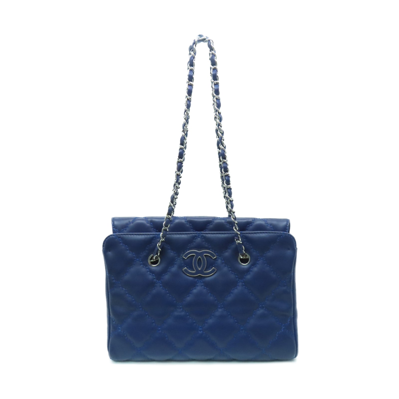 CHANEL 菱格牛皮皮革Chain Shoulder Bag银扣链带肩背袋蓝色
