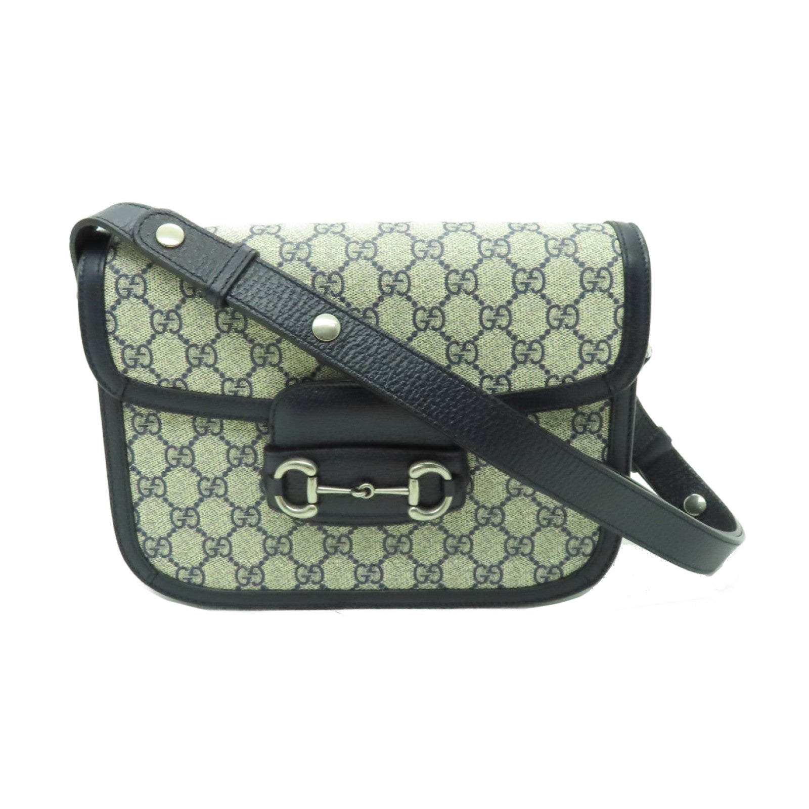 GUCCI 塗層帆布GG Supreme 1955銀扣肩背袋米色/藍色