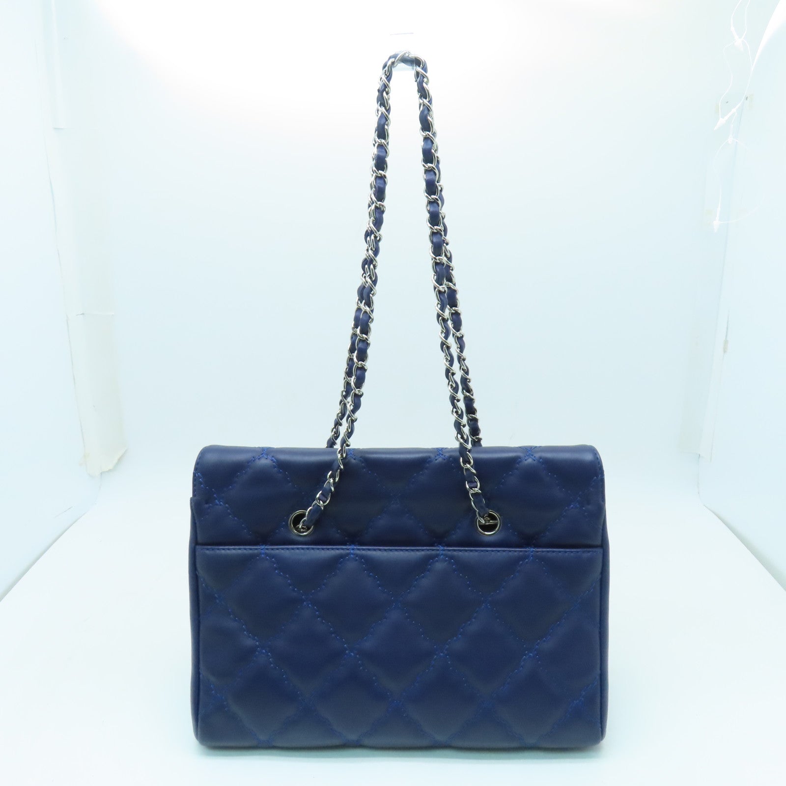 CHANEL 菱格牛皮皮革Chain Shoulder Bag银扣链带肩背袋蓝色