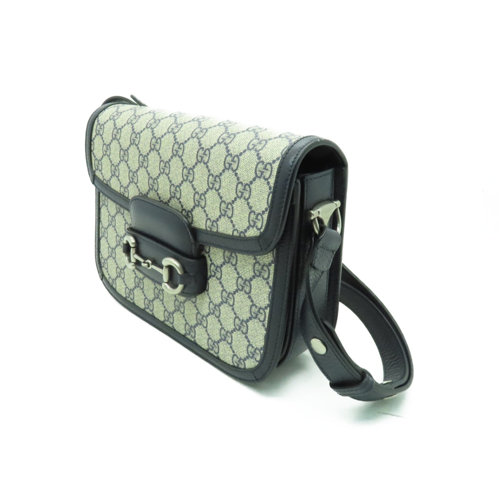 GUCCI 塗層帆布GG Supreme 1955銀扣肩背袋米色/藍色