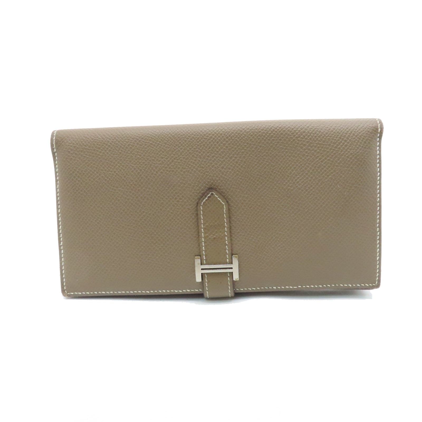 HERMES Veau Epsom Leather Bearn Bi-fold Silver Buckle Long Wallet Etoupe Gray