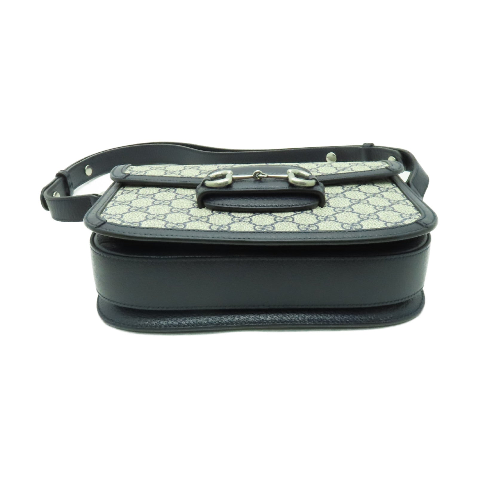 GUCCI 塗層帆布GG Supreme 1955銀扣肩背袋米色/藍色