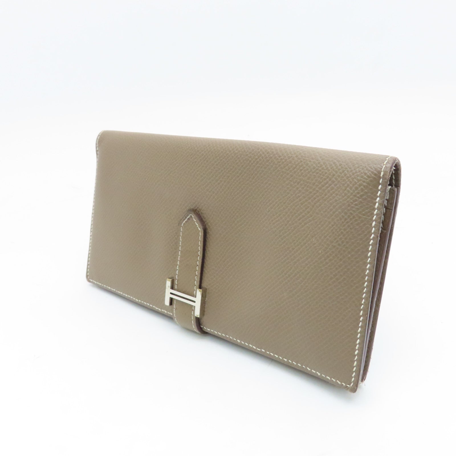 HERMES Veau Epsom Leather Bearn Bi-fold Silver Buckle Long Wallet Etoupe Gray