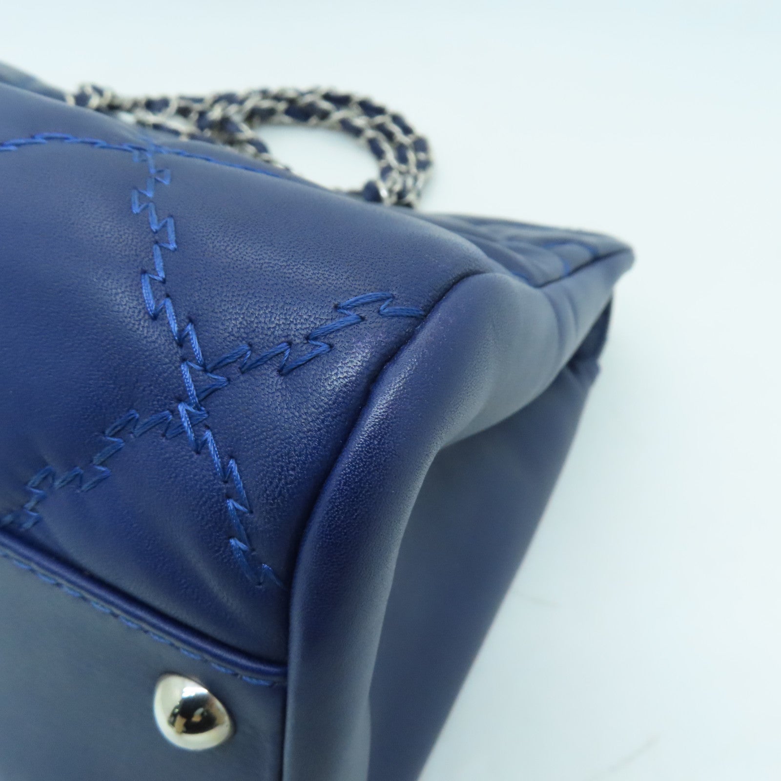 CHANEL 菱格牛皮皮革Chain Shoulder Bag银扣链带肩背袋蓝色