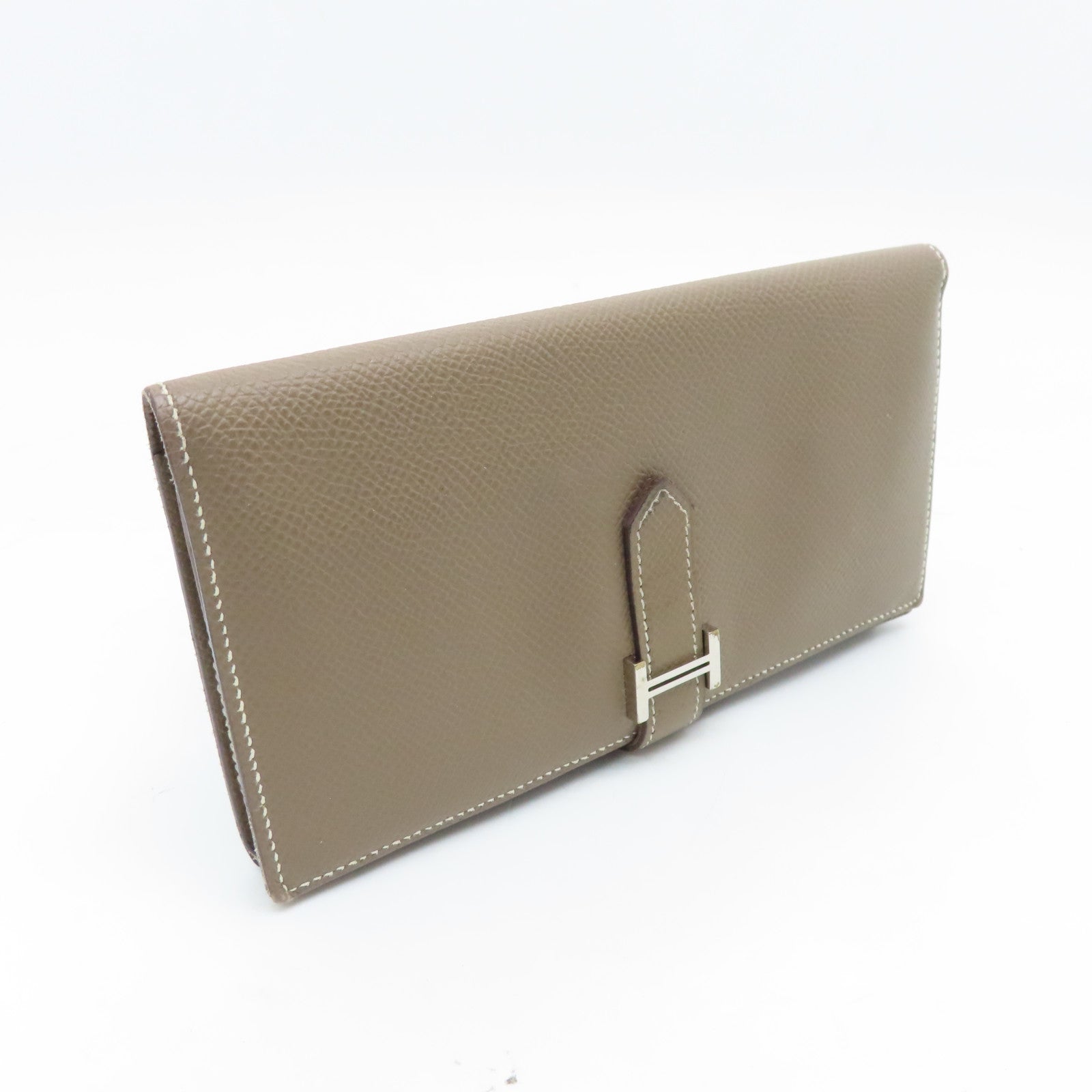 HERMES Veau Epsom Leather Bearn Bi-fold Silver Buckle Long Wallet Etoupe Gray