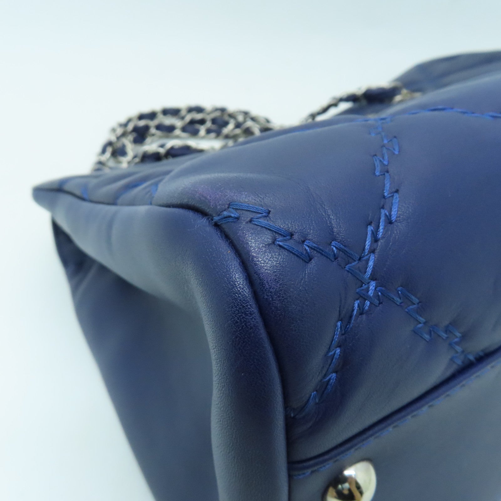 CHANEL 菱格牛皮皮革Chain Shoulder Bag银扣链带肩背袋蓝色