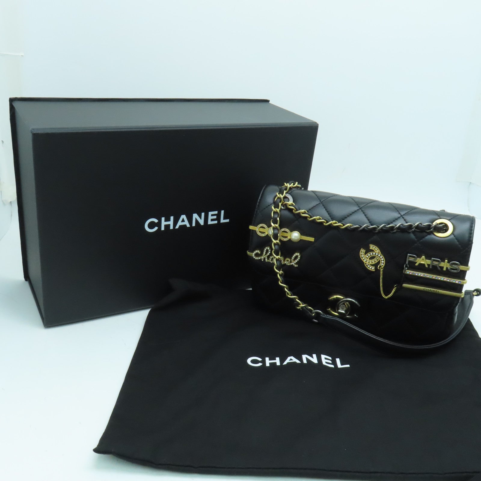 CHANEL 【激減優惠】菱格羊皮皮革Pearl Hairpin Badge鏈帶肩背袋黑色
