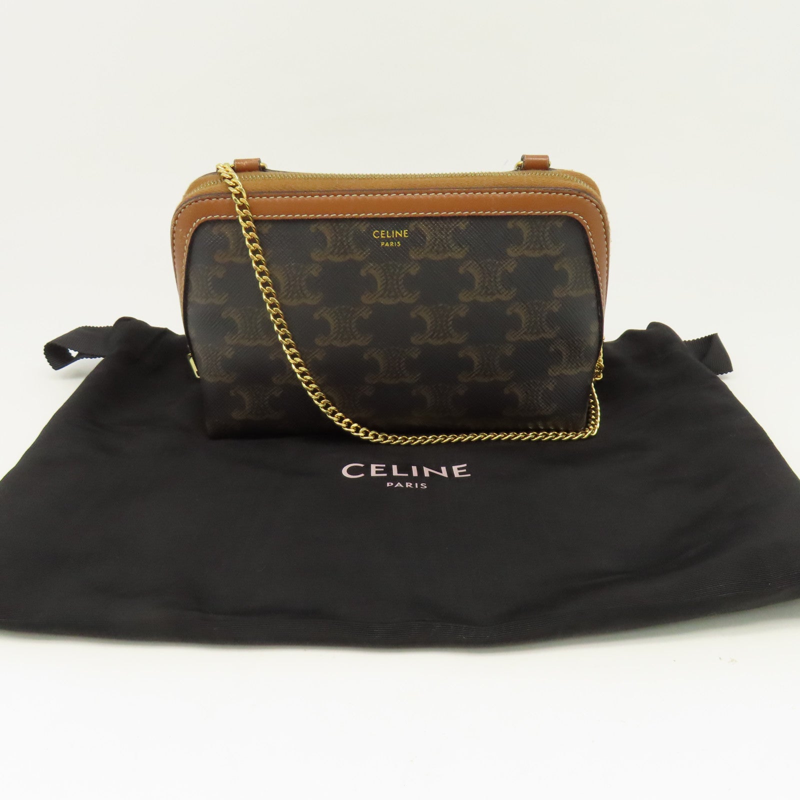 CELINE 塗層帆布Chain Shoulder金扣鏈帶肩背袋啡色
