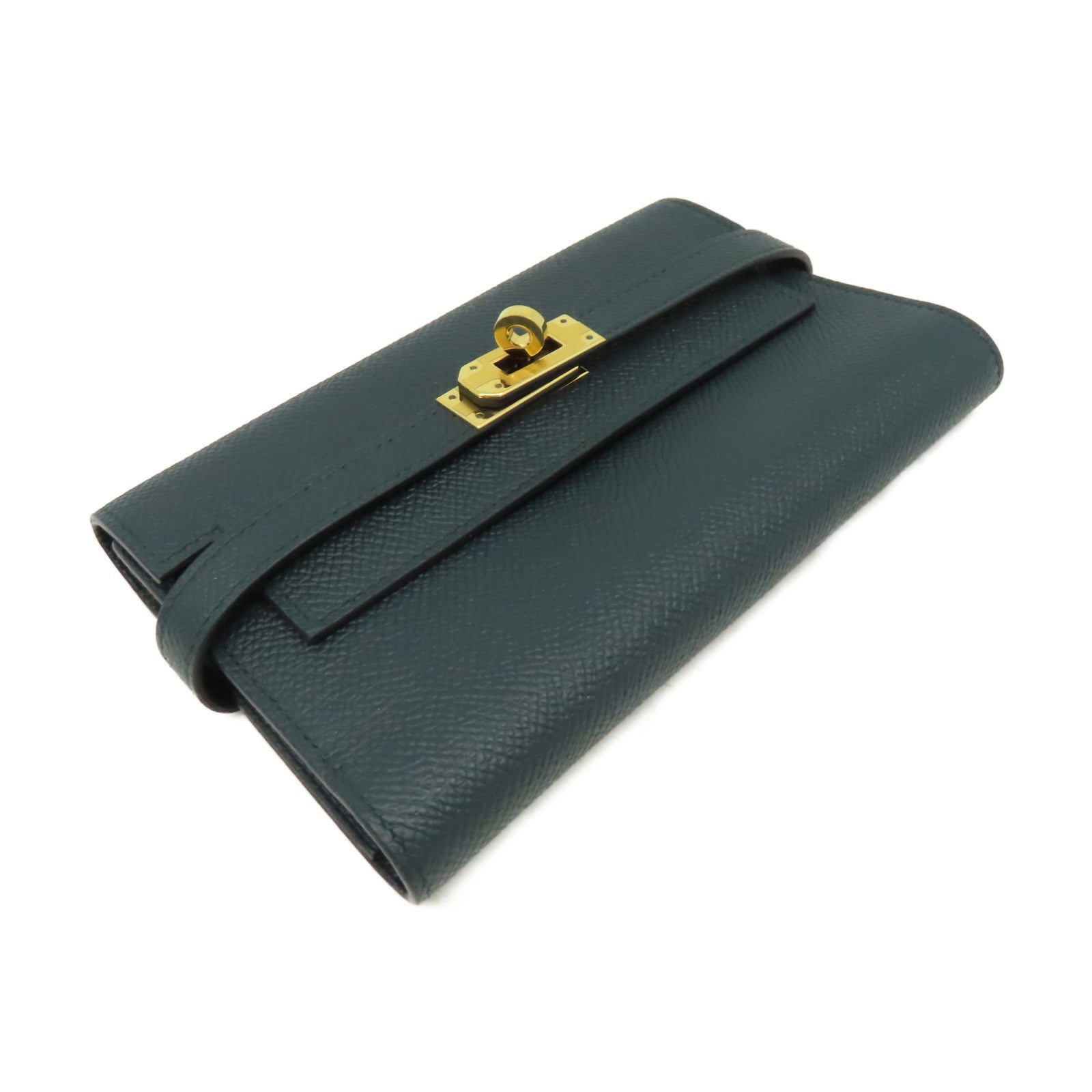 HERMES Epsom皮革Kelly Wallet金扣長錢包Vert Cypres/松柏綠色
