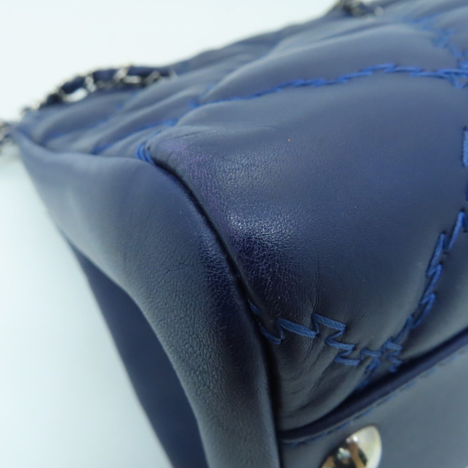 CHANEL 菱格牛皮皮革Chain Shoulder Bag银扣链带肩背袋蓝色