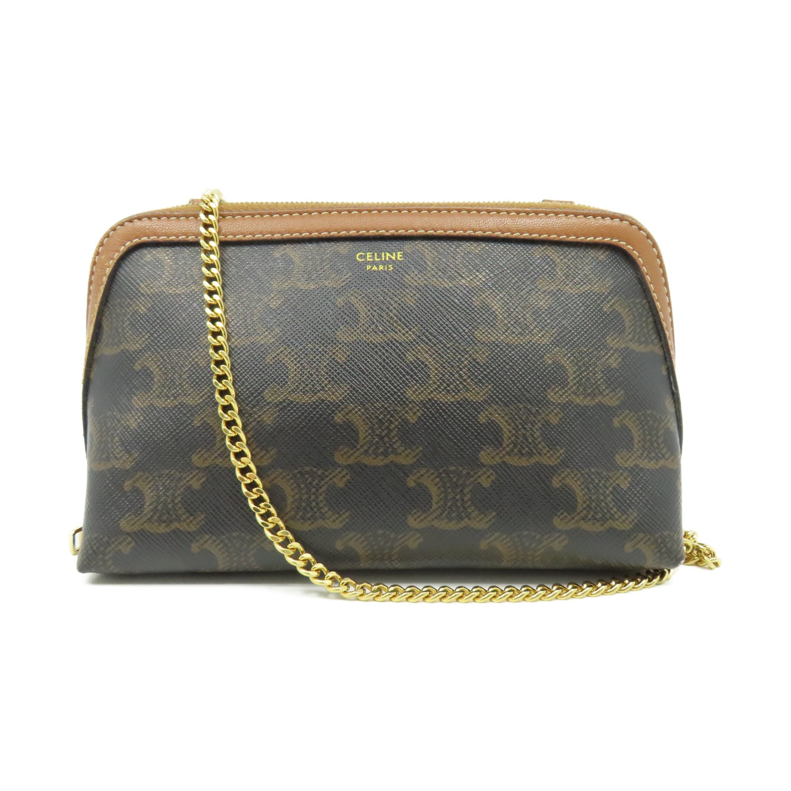 CELINE 塗層帆布Chain Shoulder金扣鏈帶肩背袋啡色