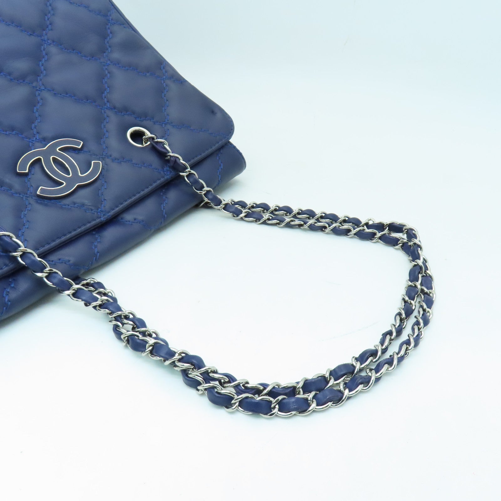 CHANEL 菱格牛皮皮革Chain Shoulder Bag银扣链带肩背袋蓝色