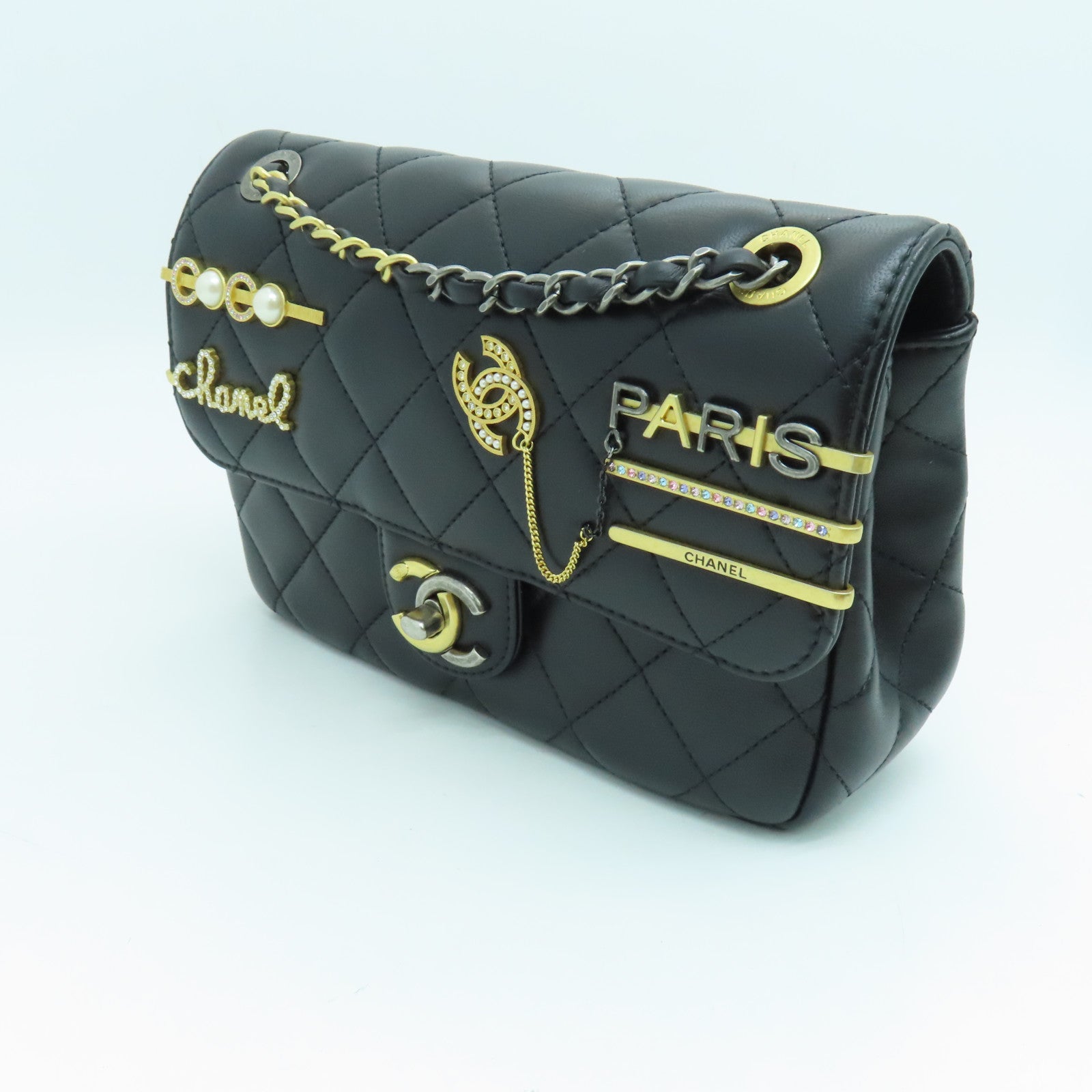 CHANEL 【激減優惠】菱格羊皮皮革Pearl Hairpin Badge鏈帶肩背袋黑色