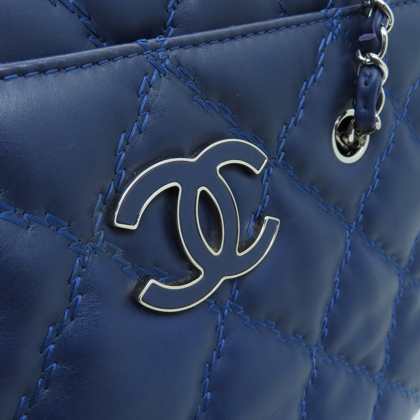 CHANEL 菱格牛皮皮革Chain Shoulder Bag银扣链带肩背袋蓝色