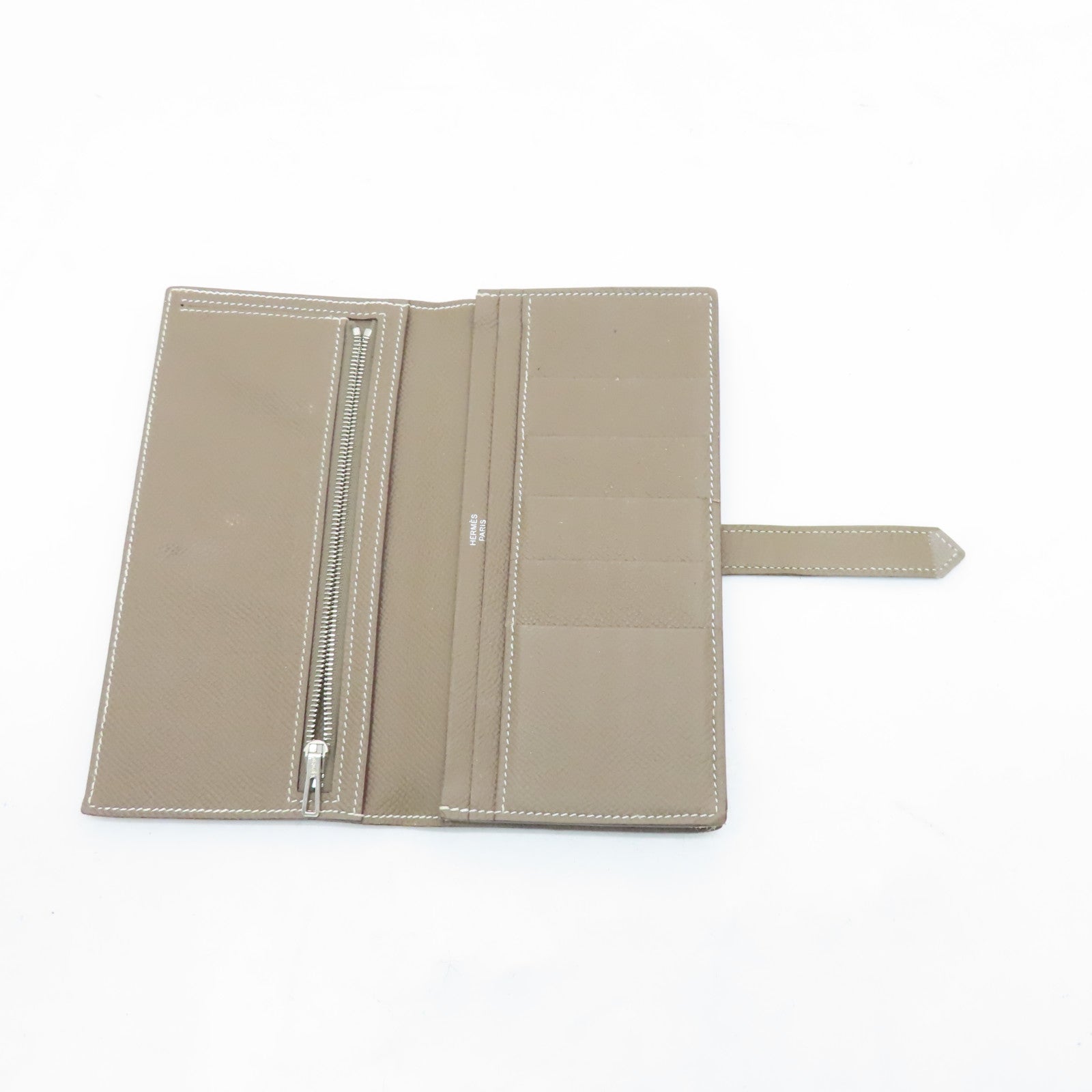 HERMES Veau Epsom Leather Bearn Bi-fold Silver Buckle Long Wallet Etoupe Gray