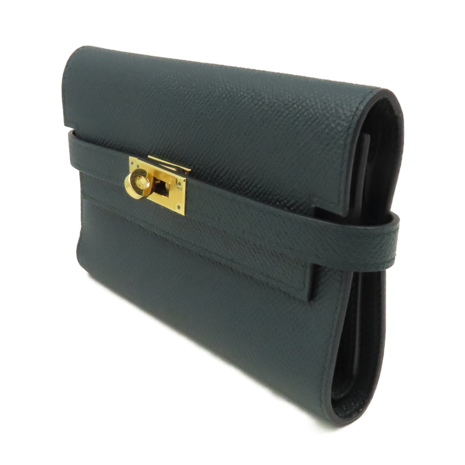 HERMES Epsom皮革Kelly Wallet金扣長錢包Vert Cypres/松柏綠色