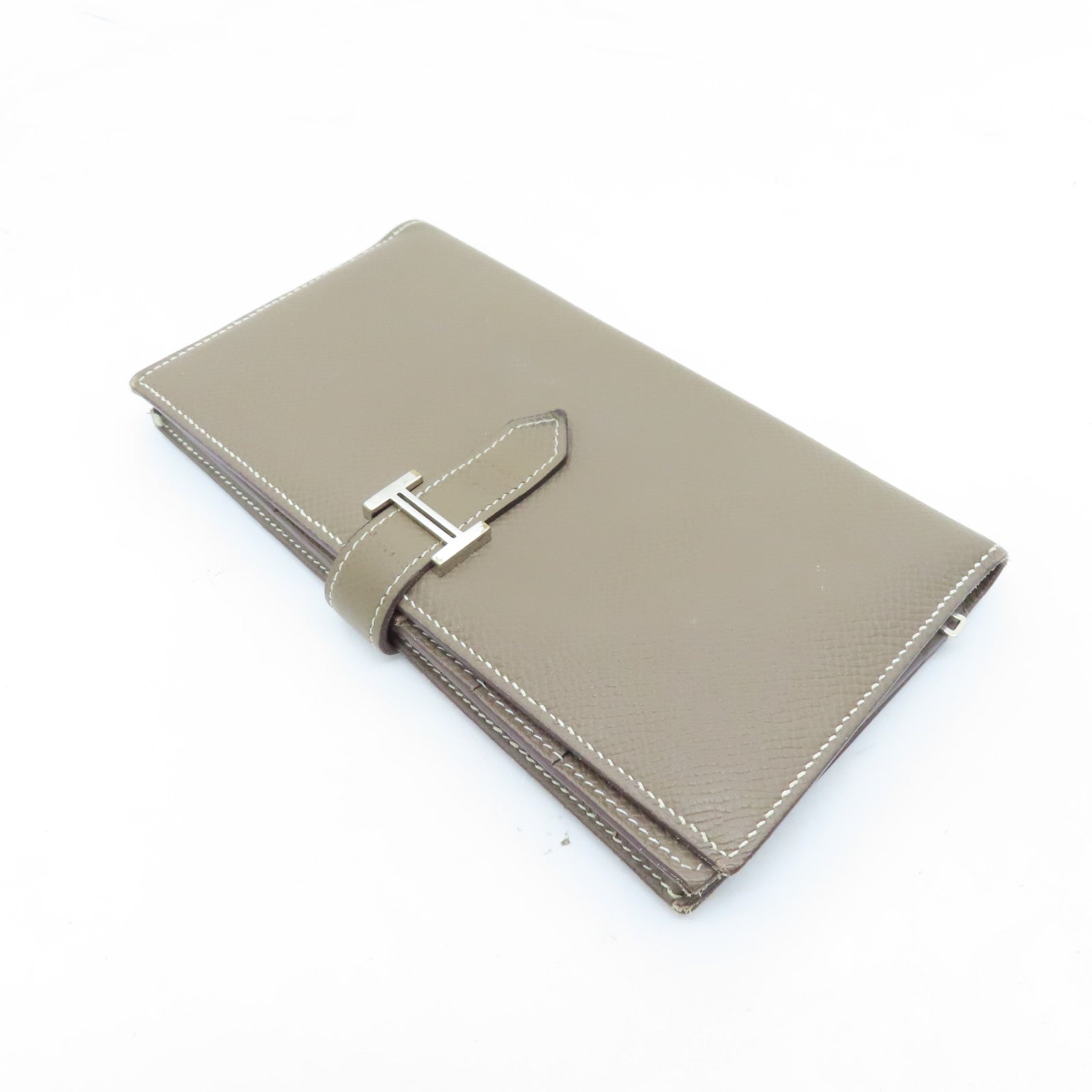 HERMES Veau Epsom Leather Bearn Bi-fold Silver Buckle Long Wallet Etoupe Gray