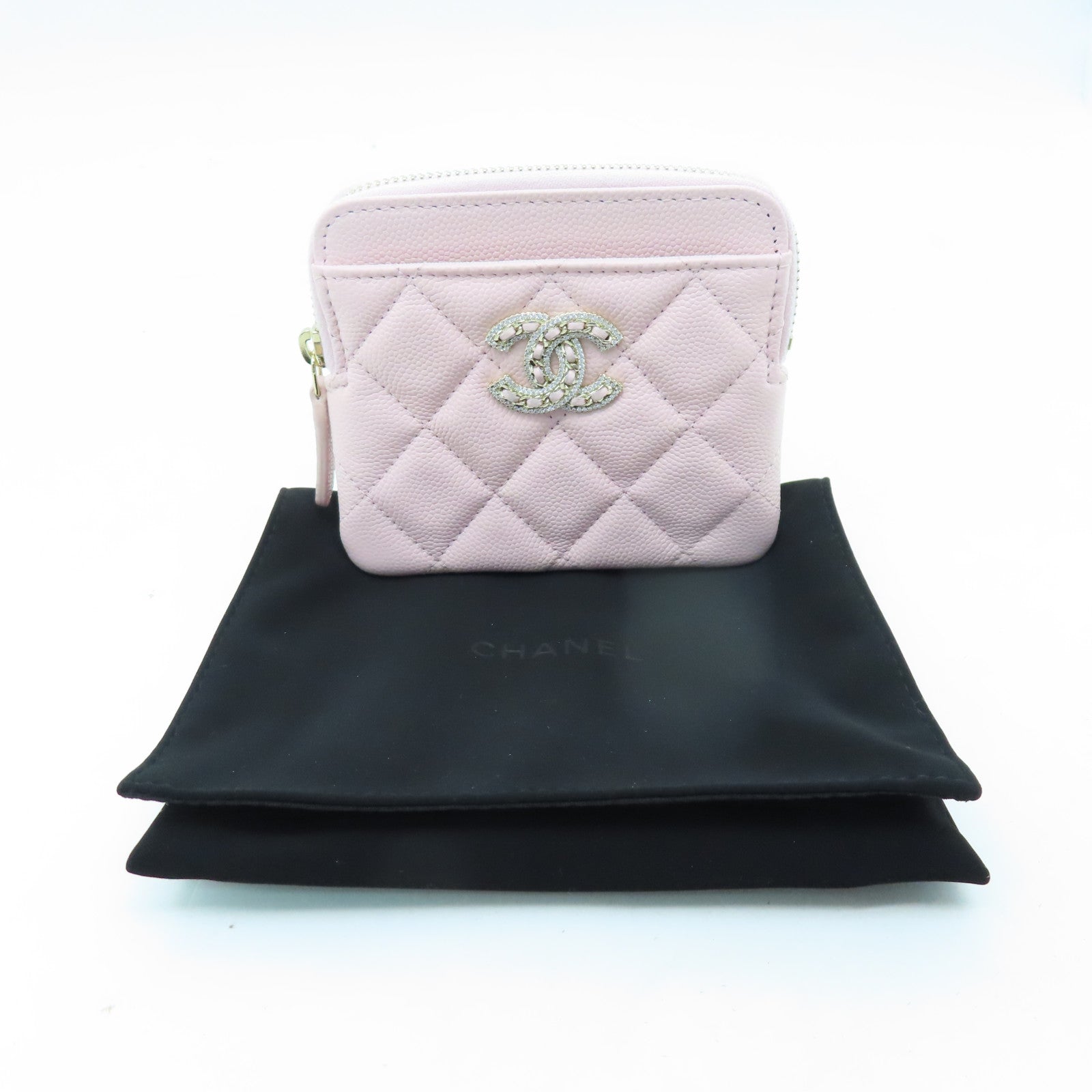 CHANEL 菱格Caviar皮革Card Case金扣卡片套粉紅色
