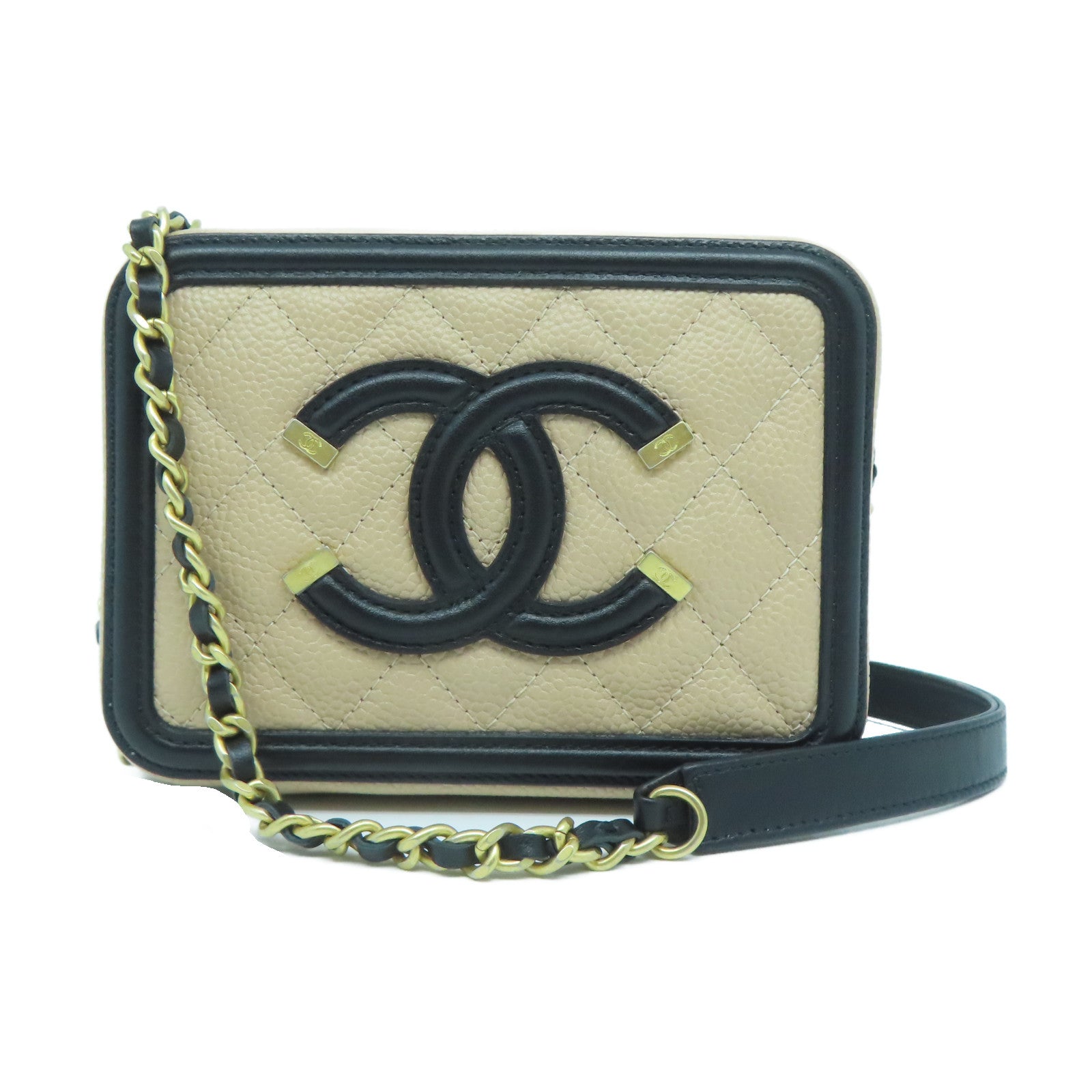 CHANEL 菱格Caviar皮革Chain Shoulder金扣鏈帶肩背袋杏色