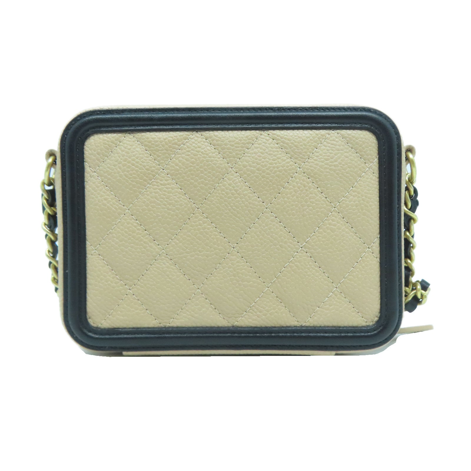 CHANEL 菱格Caviar皮革Chain Shoulder金扣鏈帶肩背袋杏色