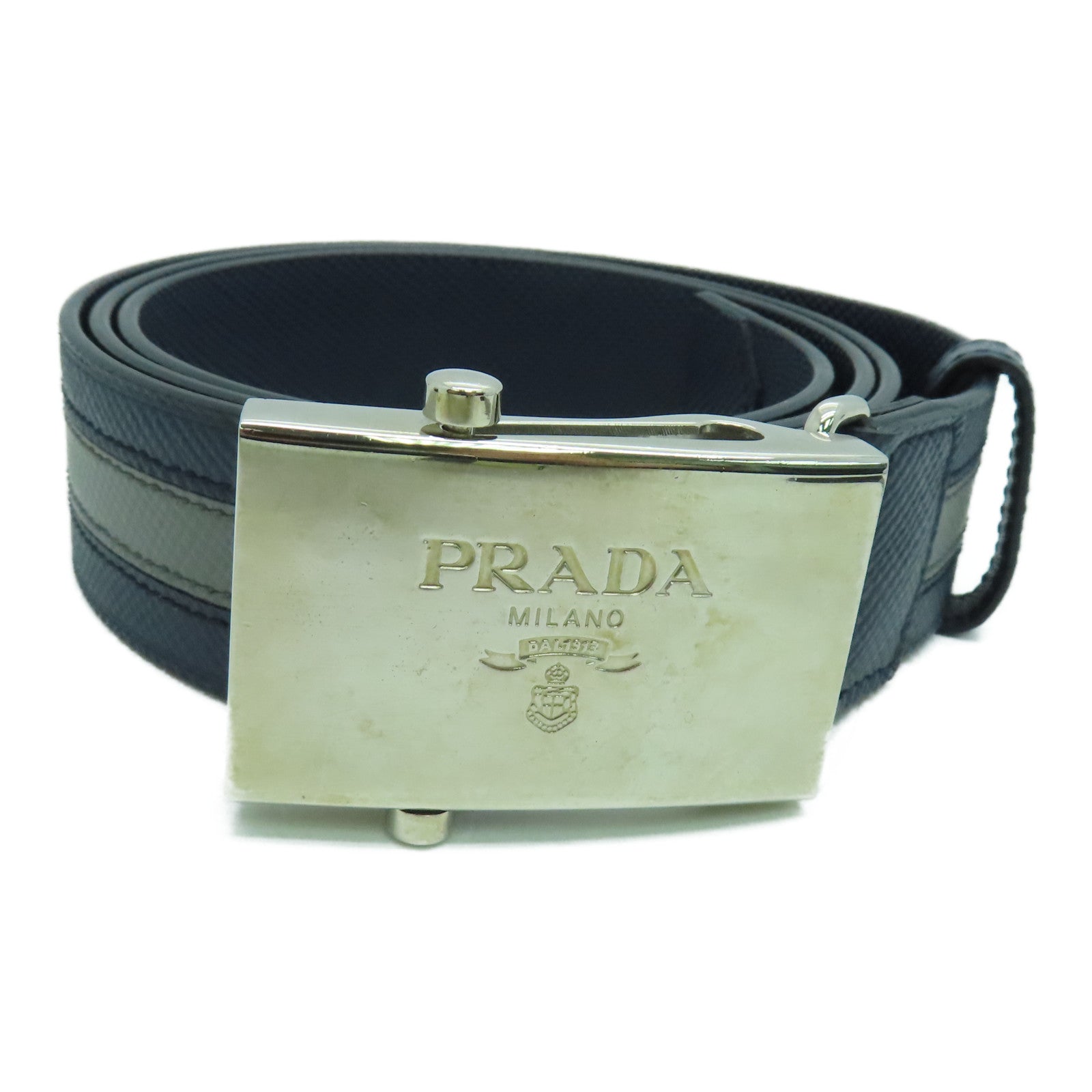 PRADA 皮革Belt银扣皮带蓝色/灰色