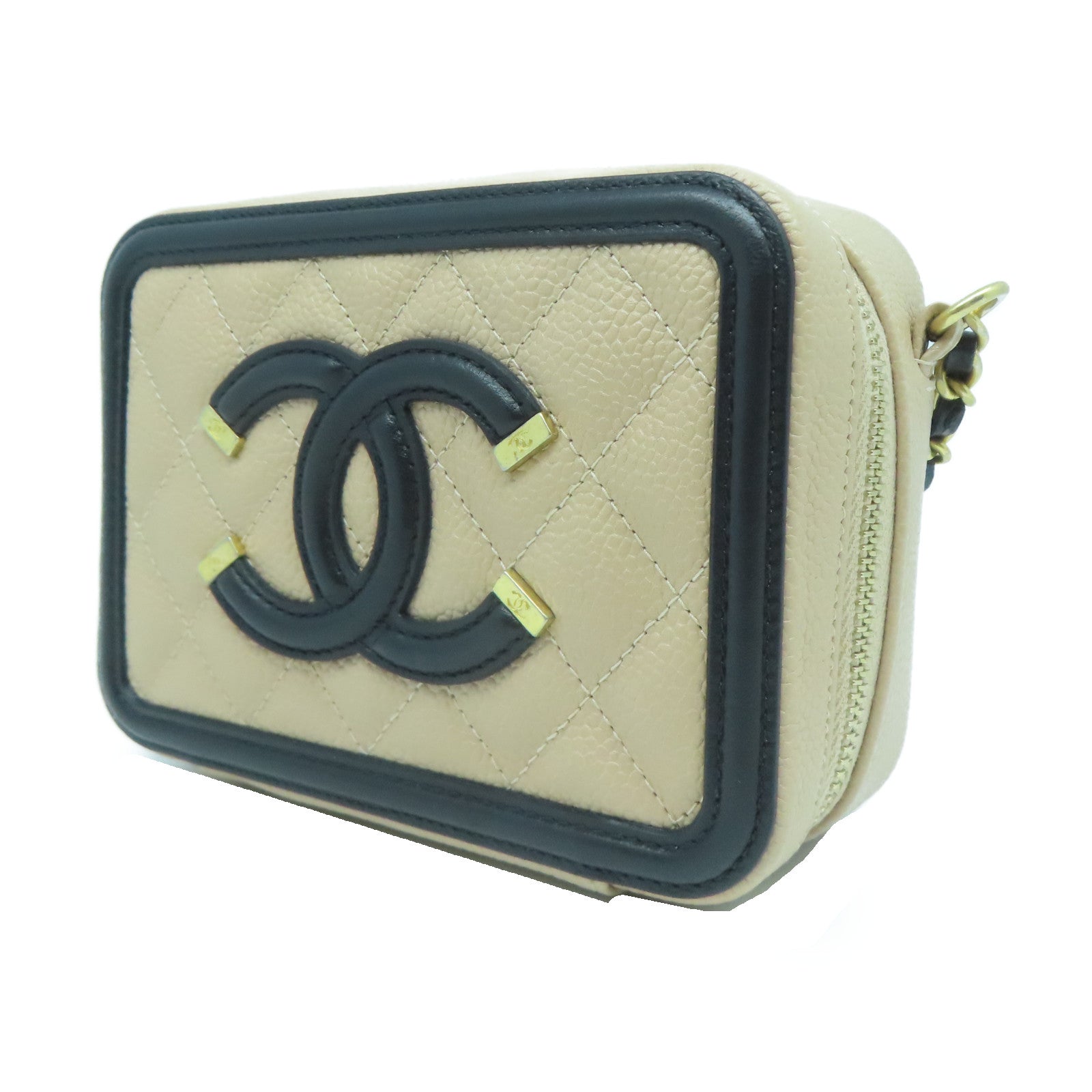 CHANEL 菱格Caviar皮革Chain Shoulder金扣鏈帶肩背袋杏色