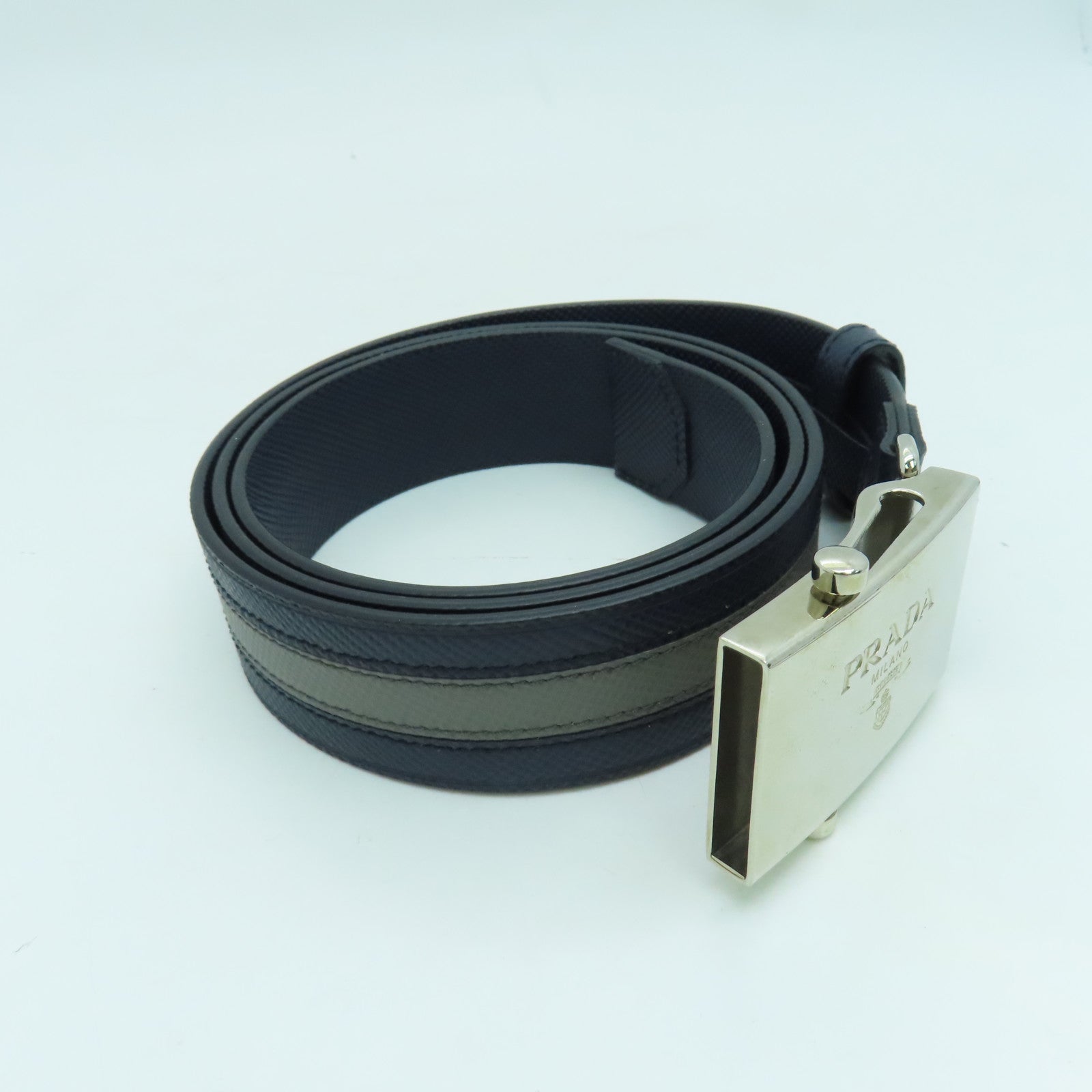 PRADA 皮革Belt银扣皮带蓝色/灰色