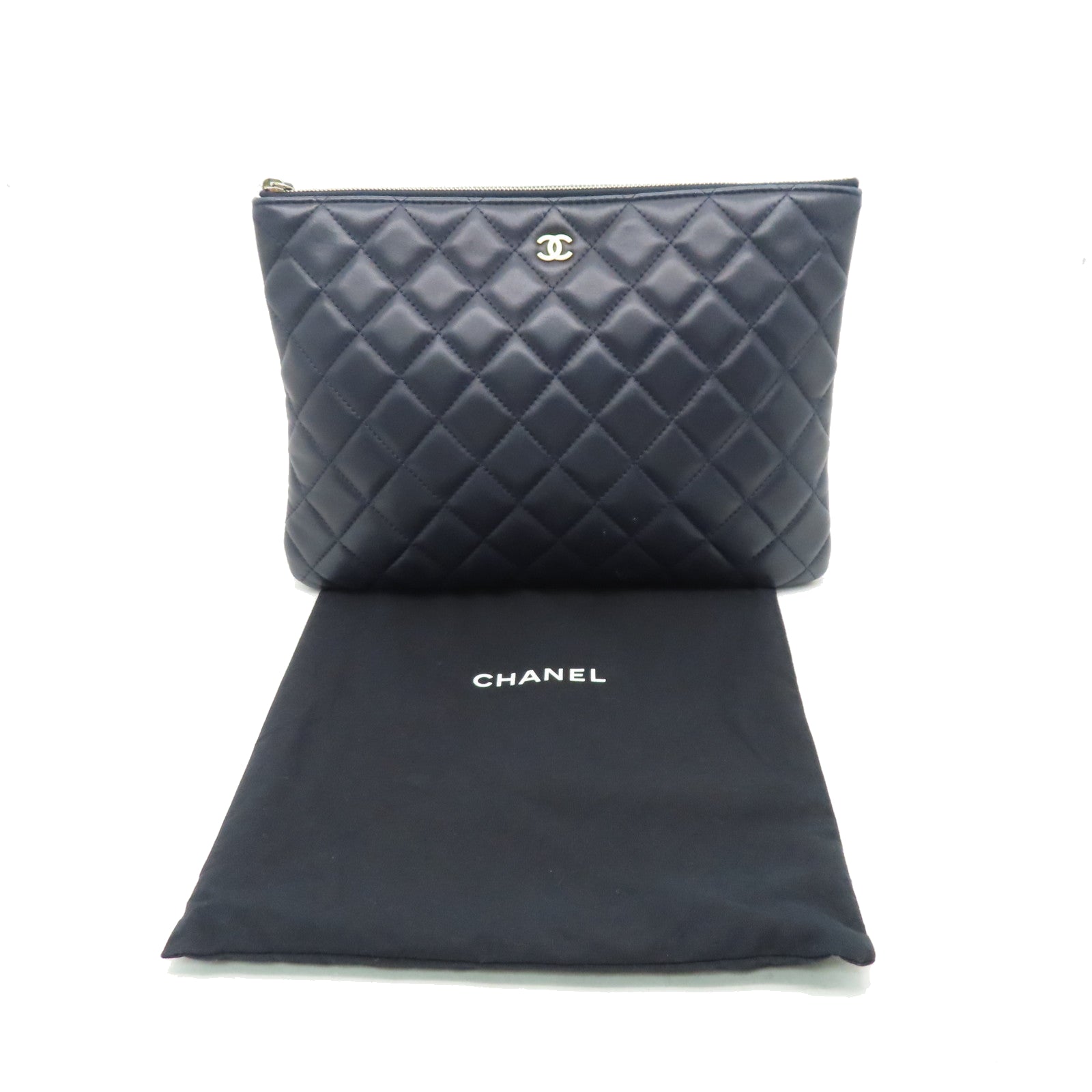 CHANEL rhombic sheepskin leather Pouch silver buckle cosmetic bag dark blue