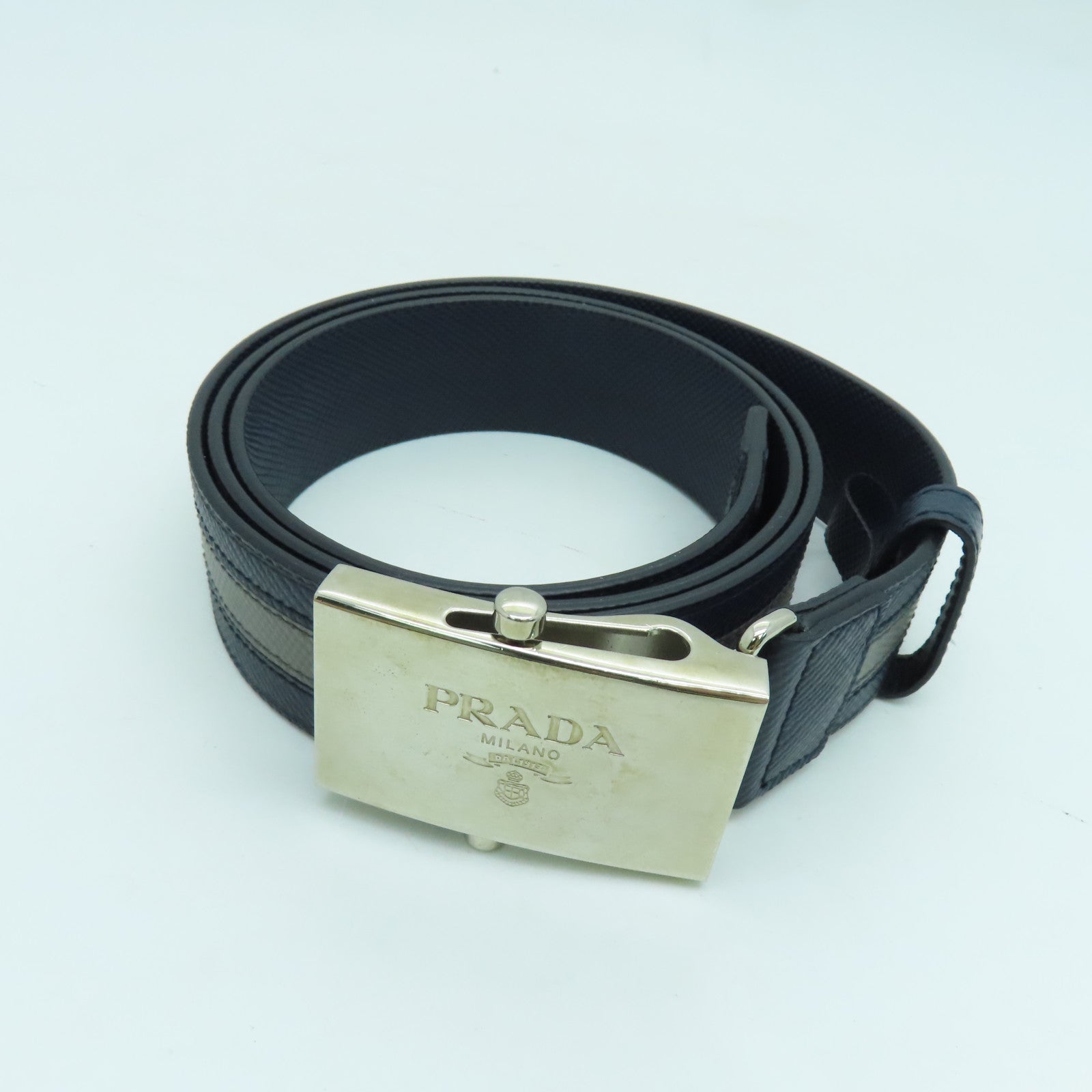 PRADA 皮革Belt银扣皮带蓝色/灰色