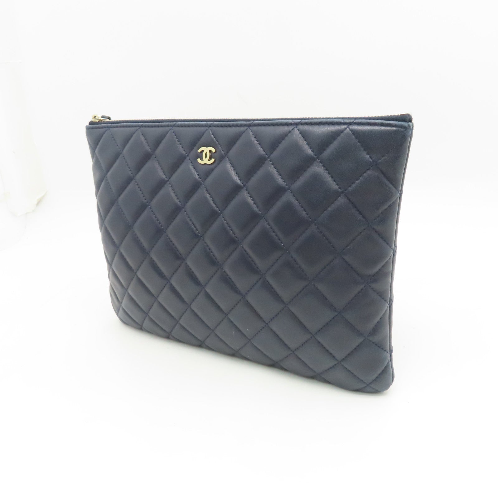 CHANEL rhombic sheepskin leather Pouch silver buckle cosmetic bag dark blue
