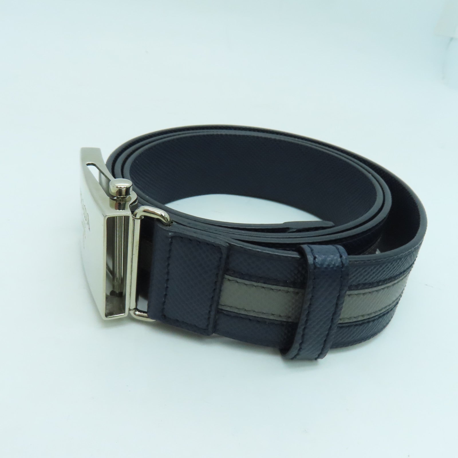 PRADA 皮革Belt银扣皮带蓝色/灰色