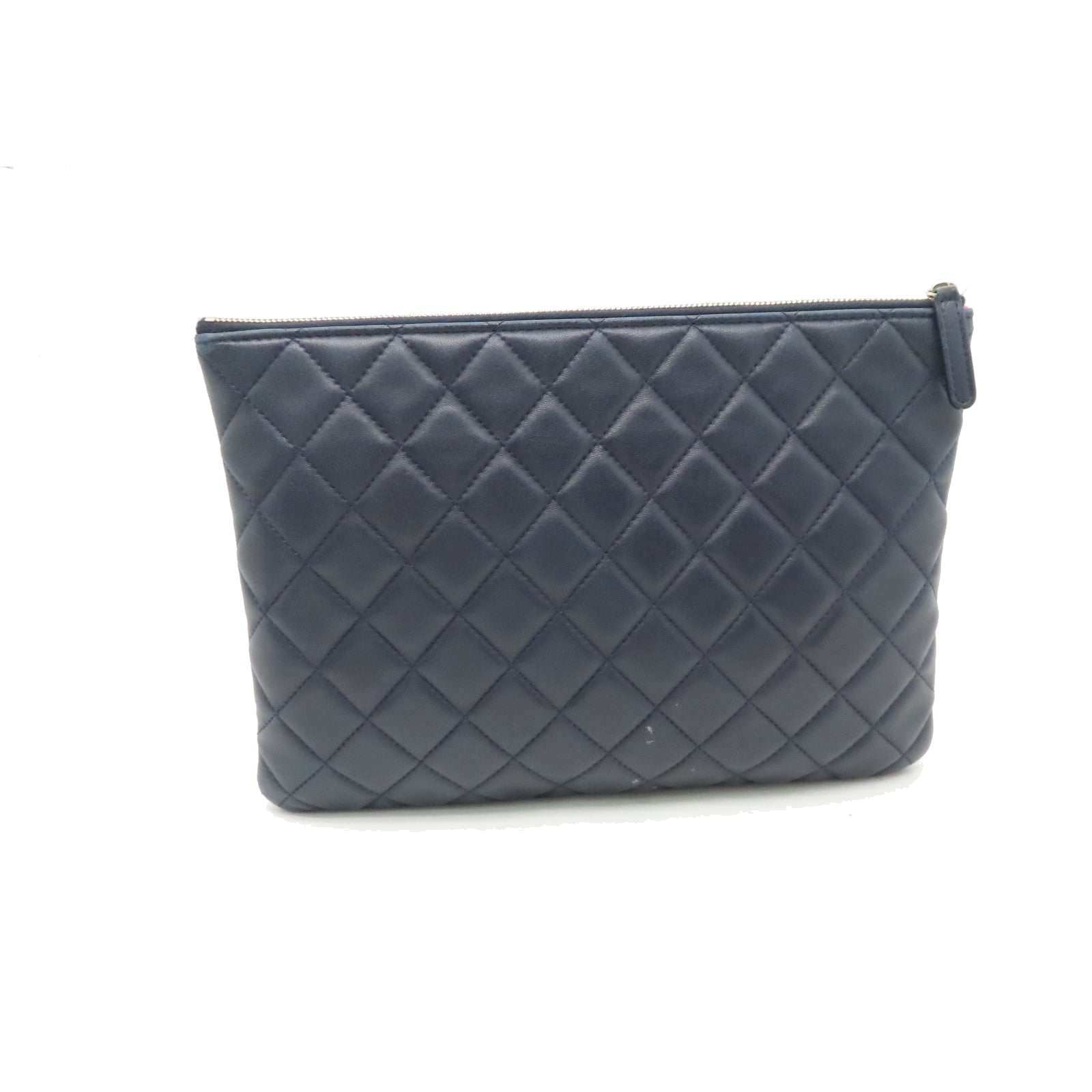 CHANEL rhombic sheepskin leather Pouch silver buckle cosmetic bag dark blue
