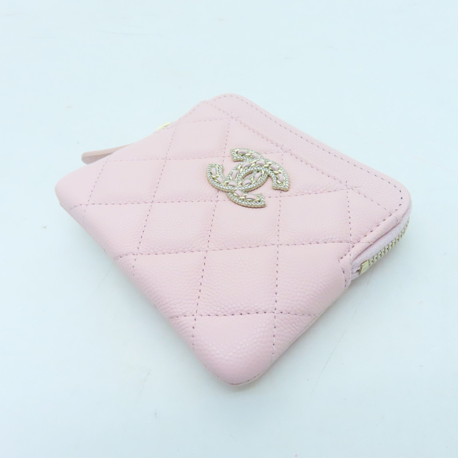 CHANEL 菱格Caviar皮革Card Case金扣卡片套粉紅色