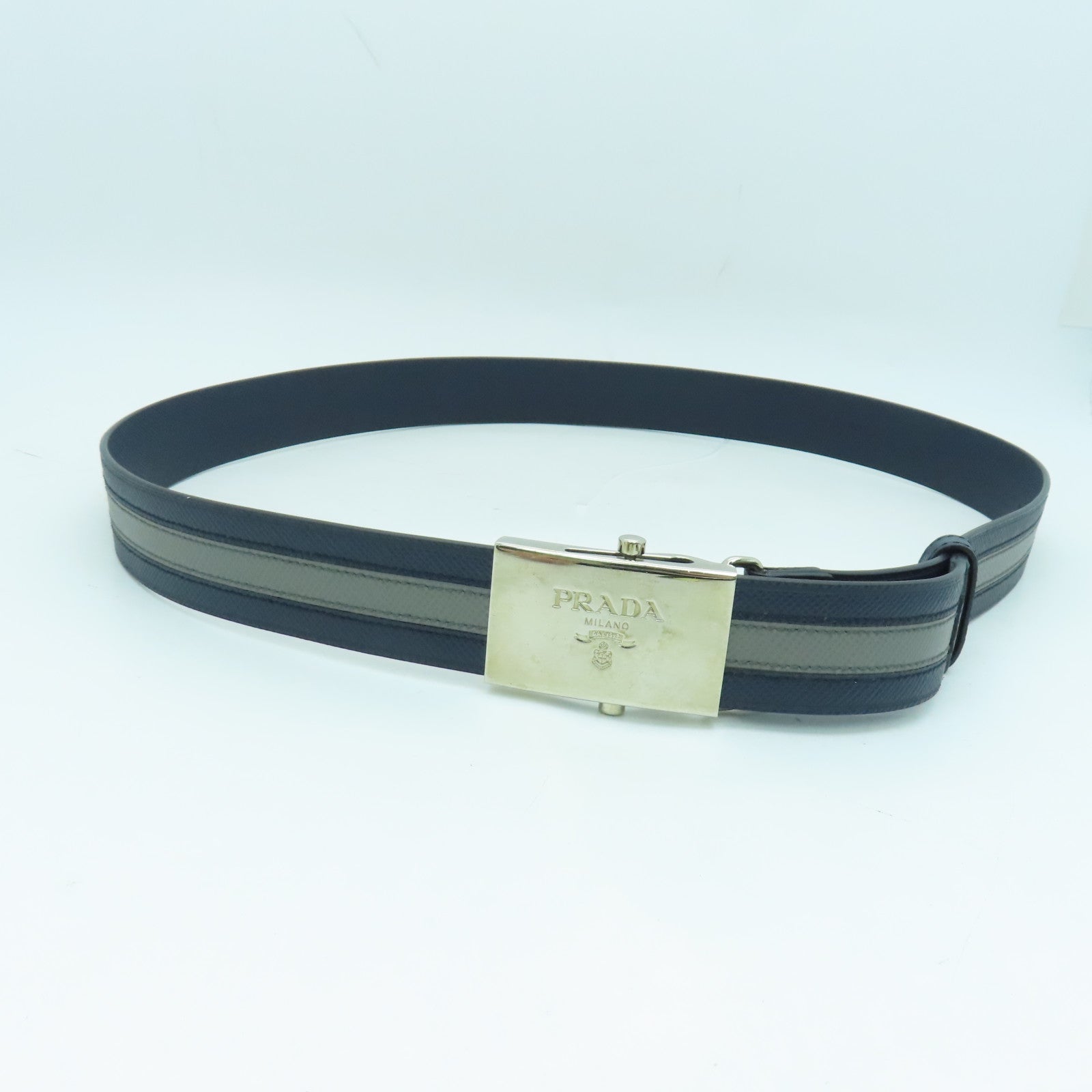 PRADA 皮革Belt银扣皮带蓝色/灰色