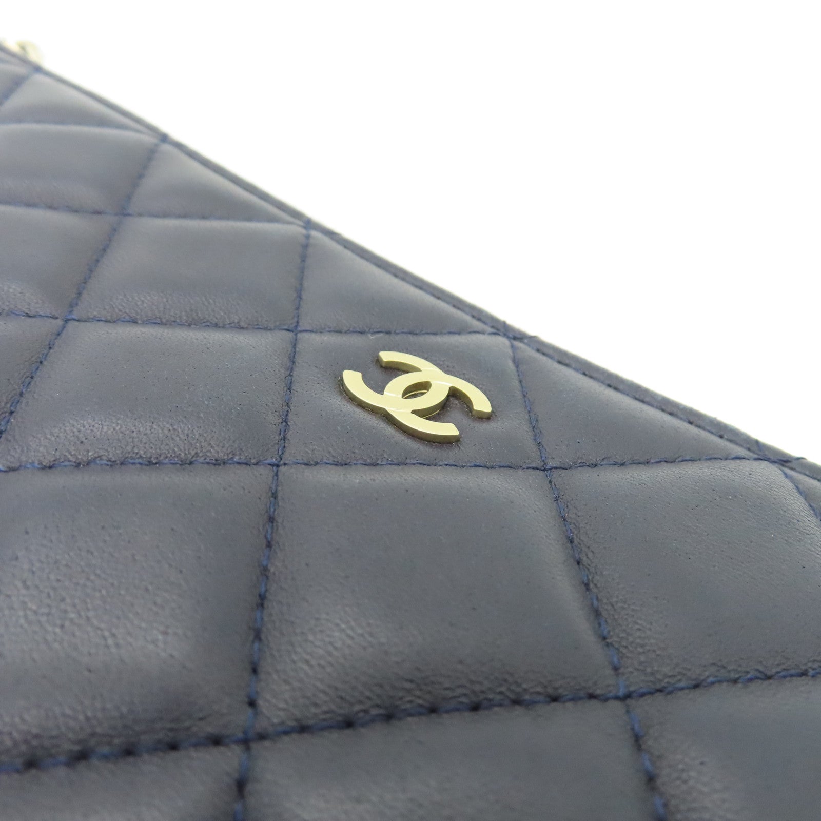 CHANEL rhombic sheepskin leather Pouch silver buckle cosmetic bag dark blue