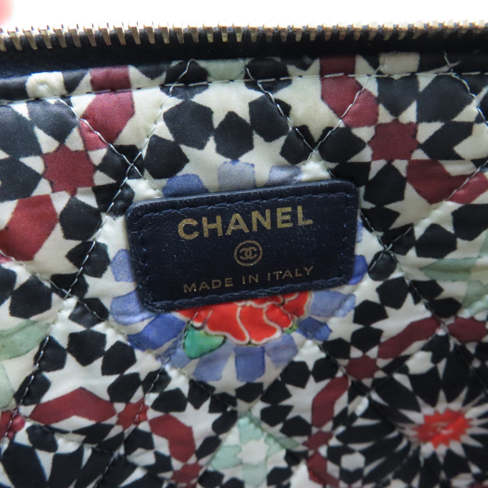 CHANEL rhombic sheepskin leather Pouch silver buckle cosmetic bag dark blue