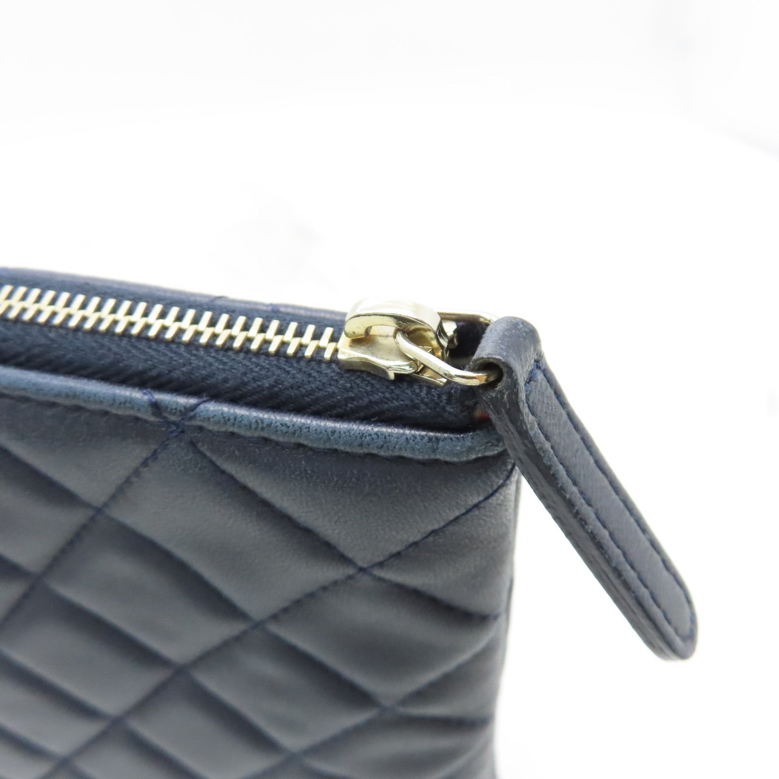 CHANEL rhombic sheepskin leather Pouch silver buckle cosmetic bag dark blue