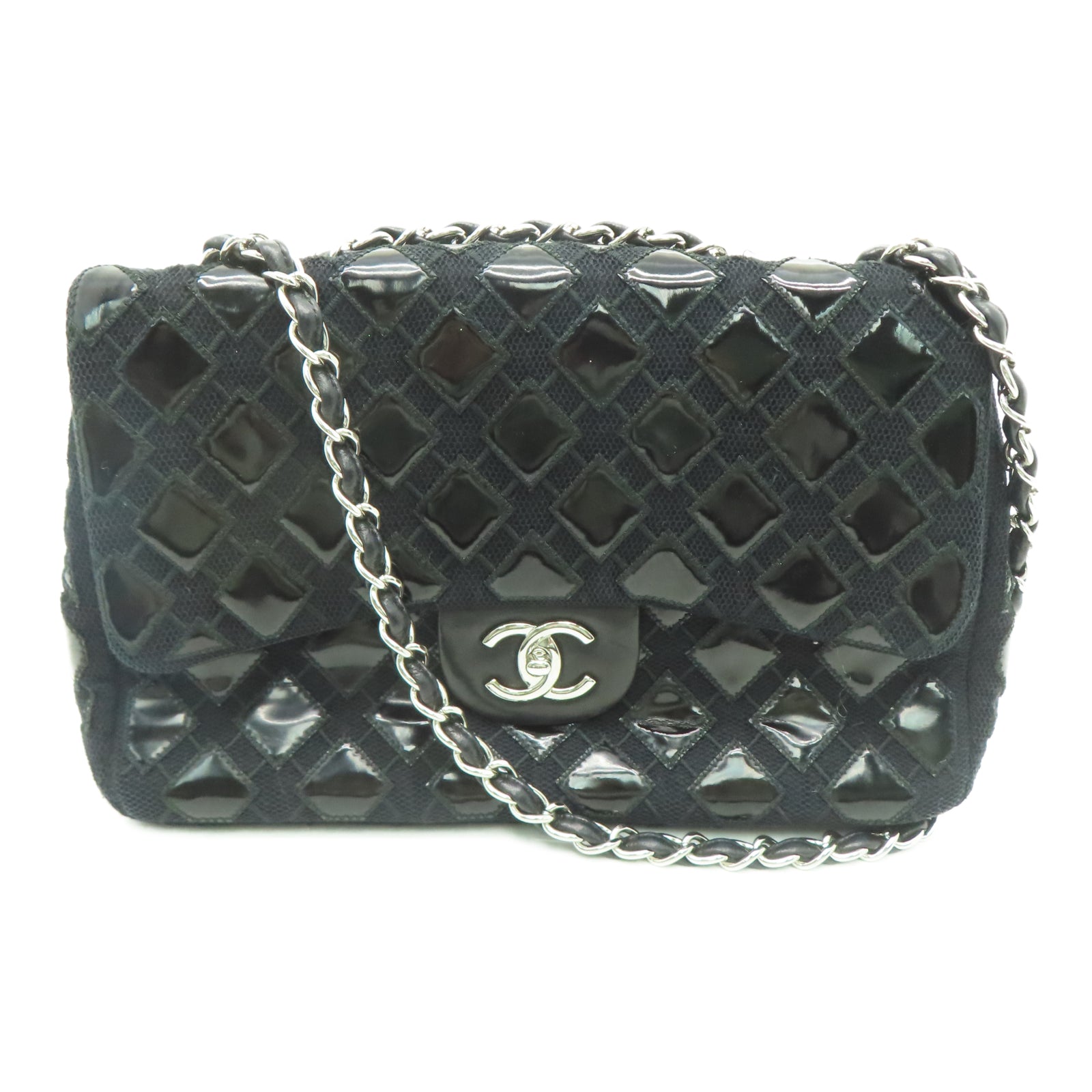 CHANEL 菱格牛皮皮革Shoulder Bag銀扣鏈帶肩背袋黑色