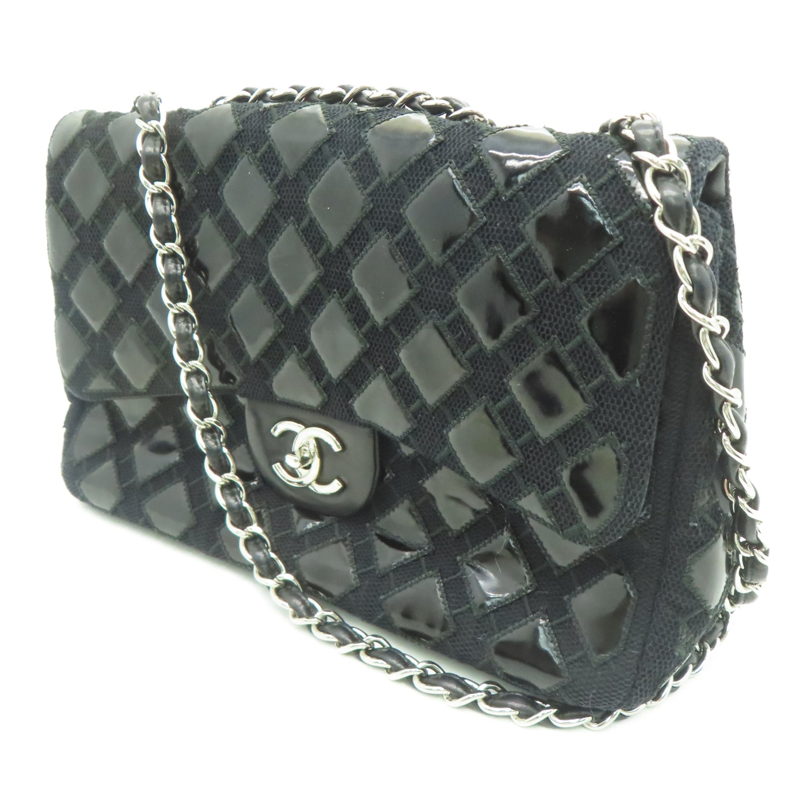 CHANEL 菱格牛皮皮革Shoulder Bag銀扣鏈帶肩背袋黑色