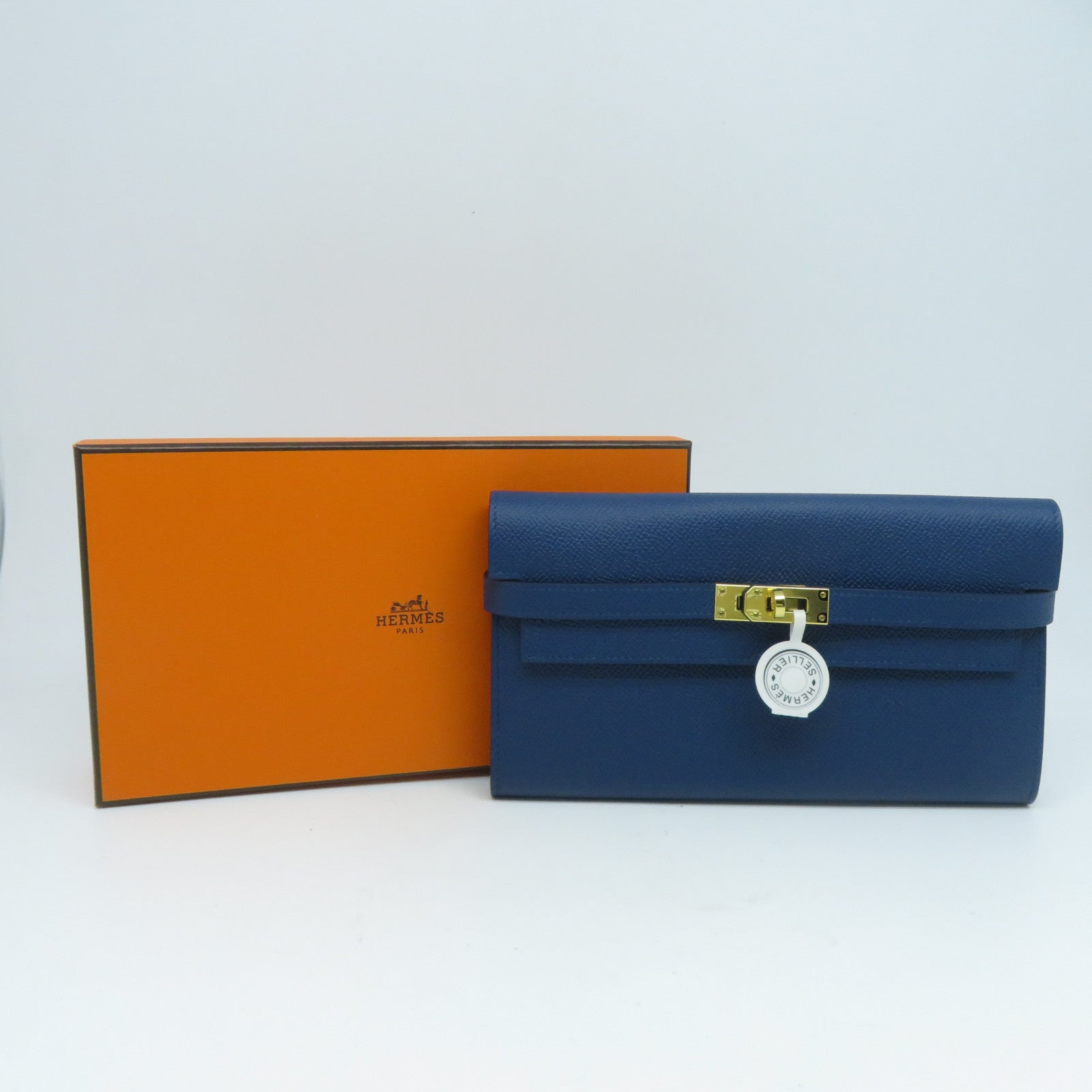 HERMES Epsom皮革Kelly Wallet金扣長錢包深藍色