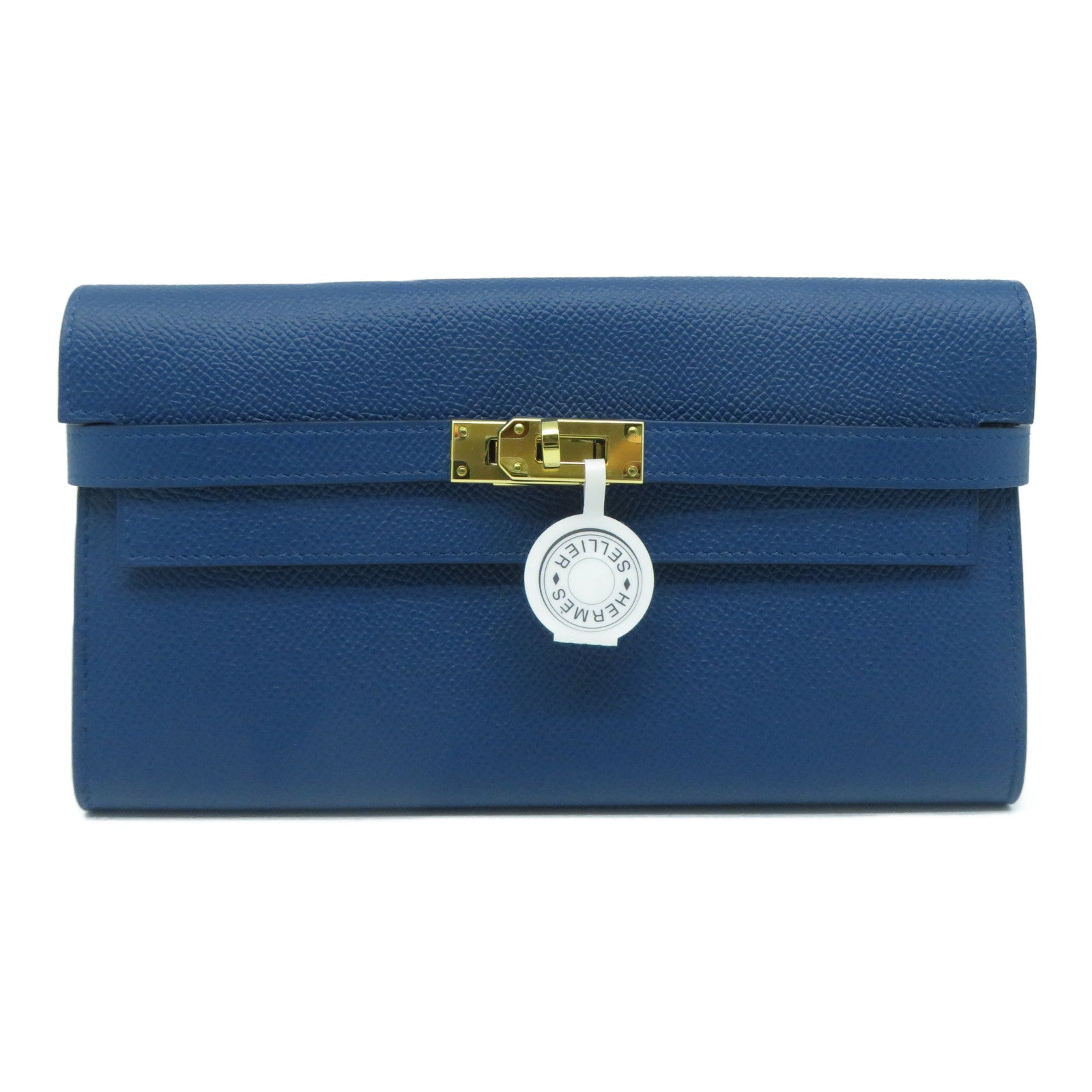 HERMES Epsom皮革Kelly Wallet金扣長錢包深藍色
