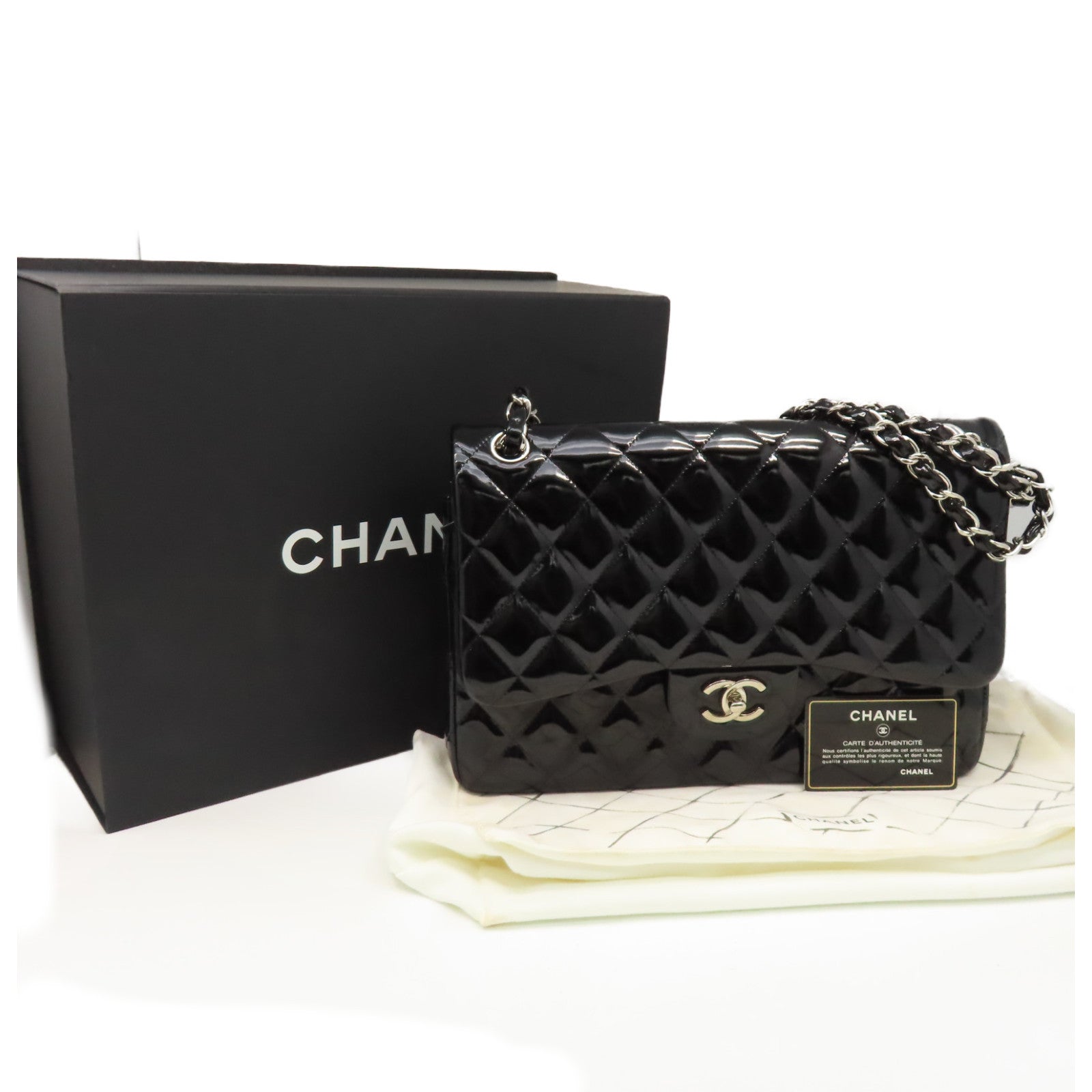 CHANEL 菱格漆皮皮革Classic Jumbo Flap Shoulder Bag銀扣鏈帶肩背袋黑色
