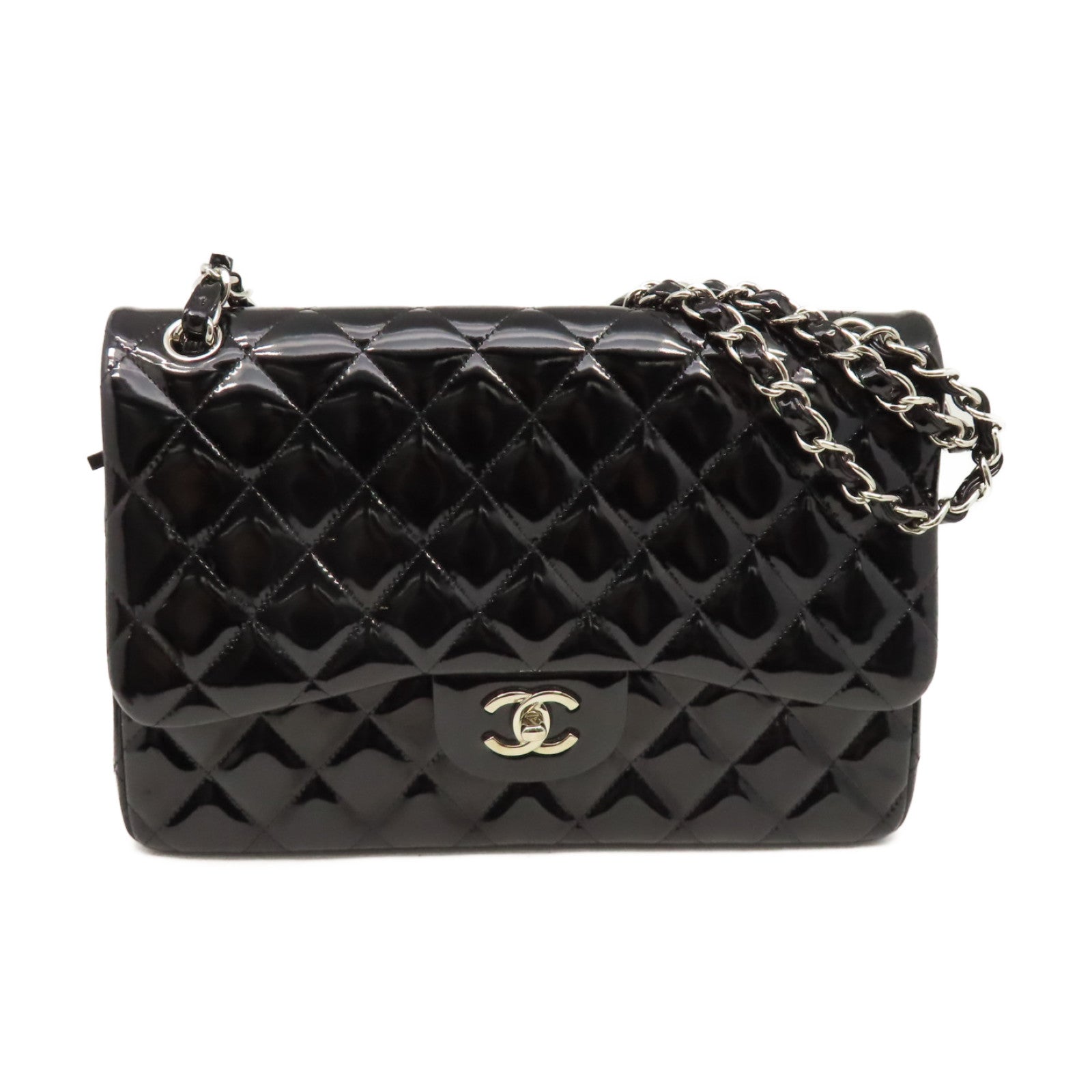 CHANEL 菱格漆皮皮革Classic Jumbo Flap Shoulder Bag銀扣鏈帶肩背袋黑色