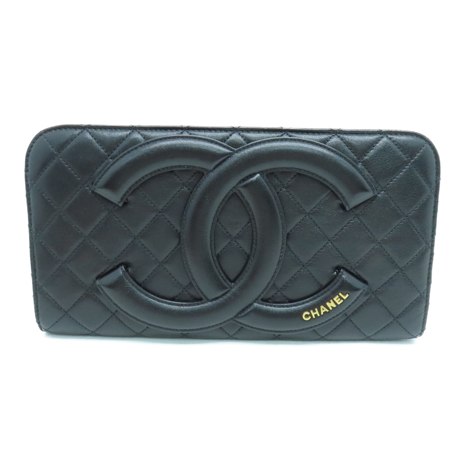 CHANEL 菱格牛皮皮革Pouch金扣手拿包黑色