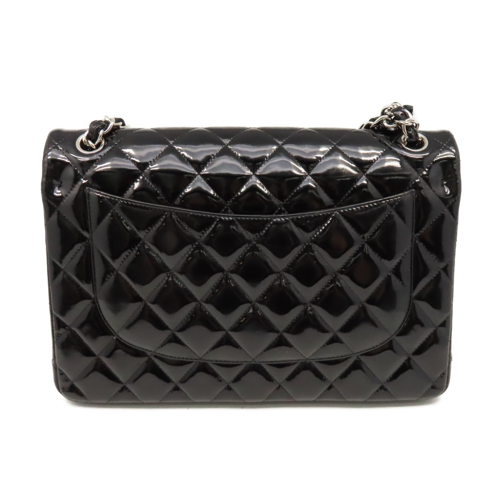 CHANEL 菱格漆皮皮革Classic Jumbo Flap Shoulder Bag銀扣鏈帶肩背袋黑色