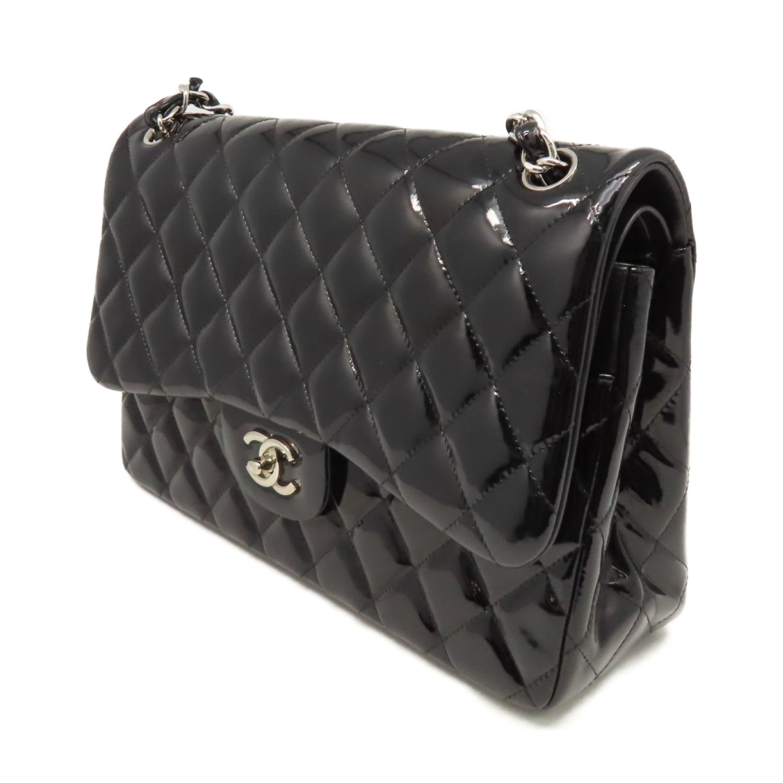 CHANEL 菱格漆皮皮革Classic Jumbo Flap Shoulder Bag銀扣鏈帶肩背袋黑色