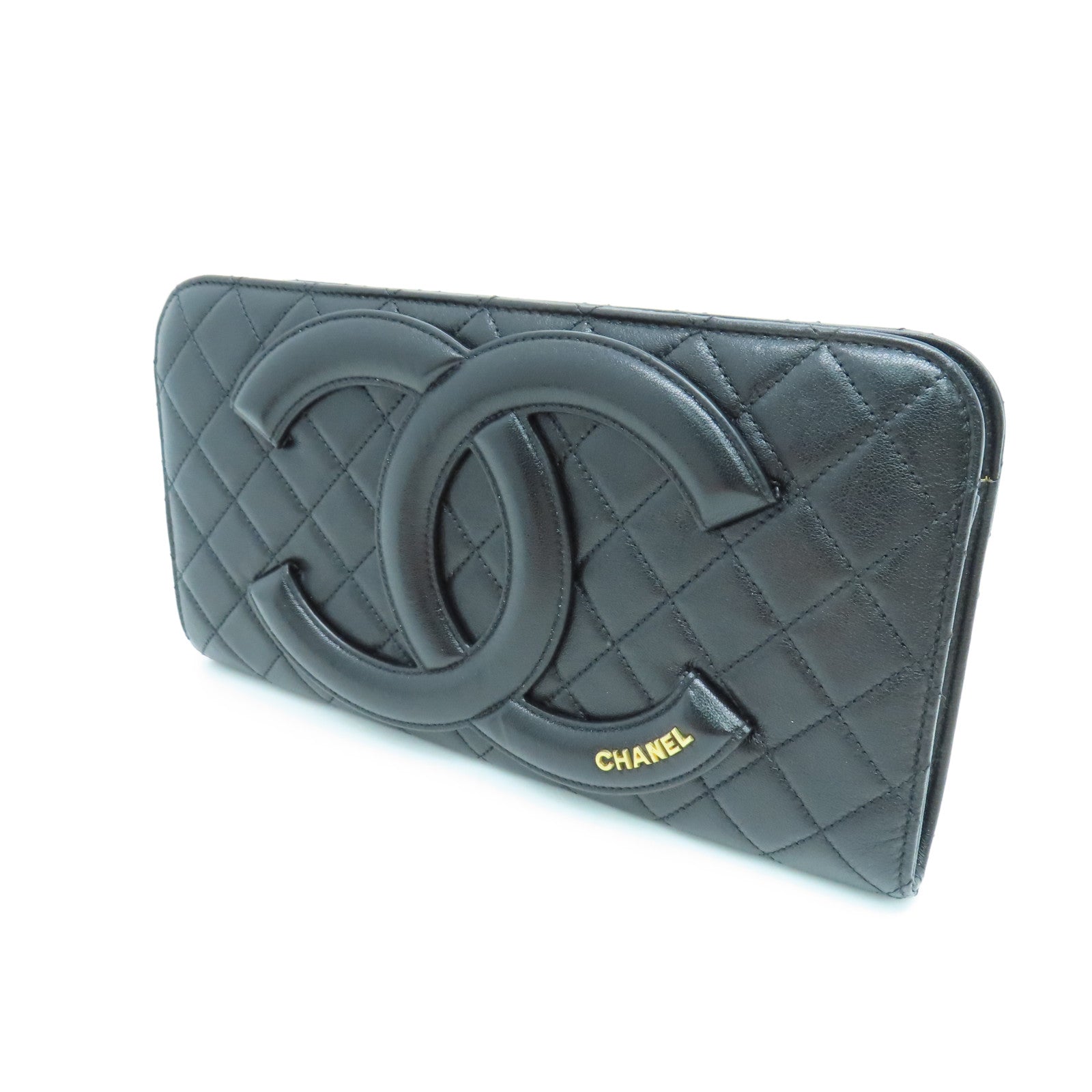 CHANEL 菱格牛皮皮革Pouch金扣手拿包黑色