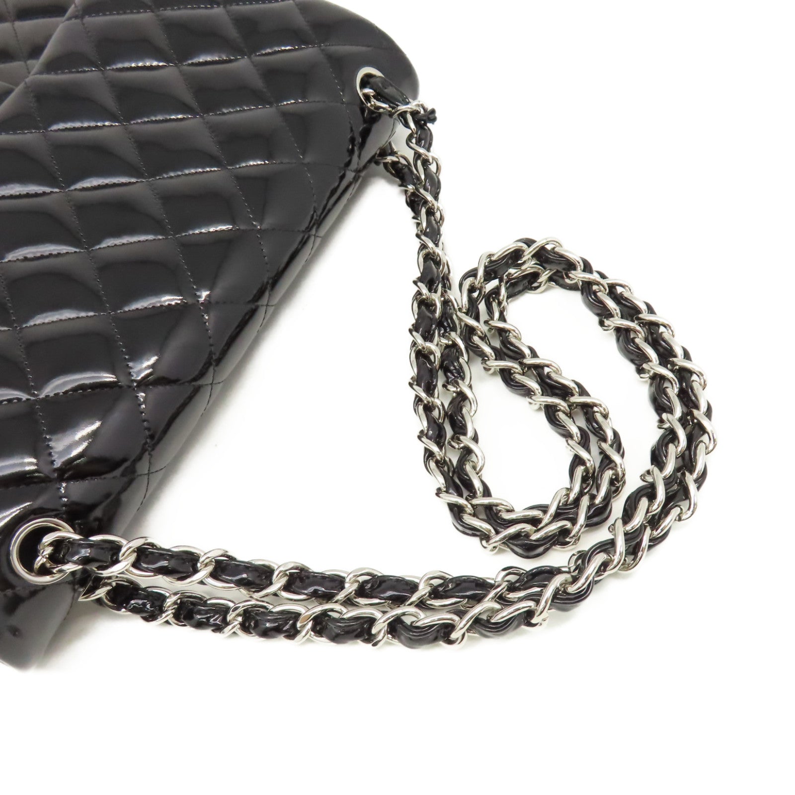 CHANEL 菱格漆皮皮革Classic Jumbo Flap Shoulder Bag銀扣鏈帶肩背袋黑色