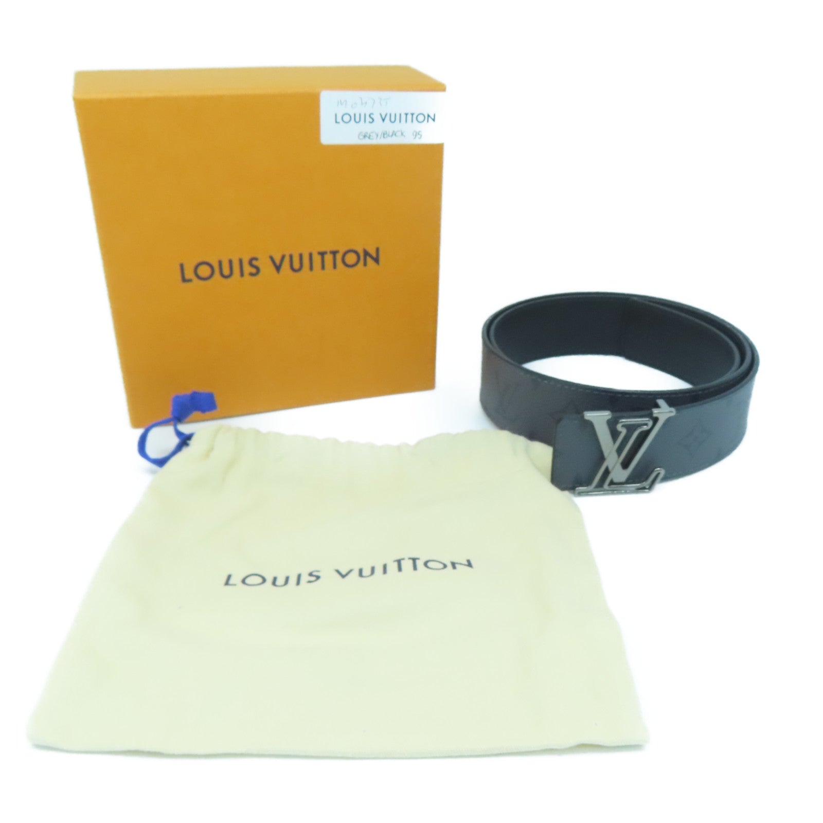 LOUIS VUITTON Monogram Eclipse Reverse Lv Line銀扣皮帶灰色/黑色