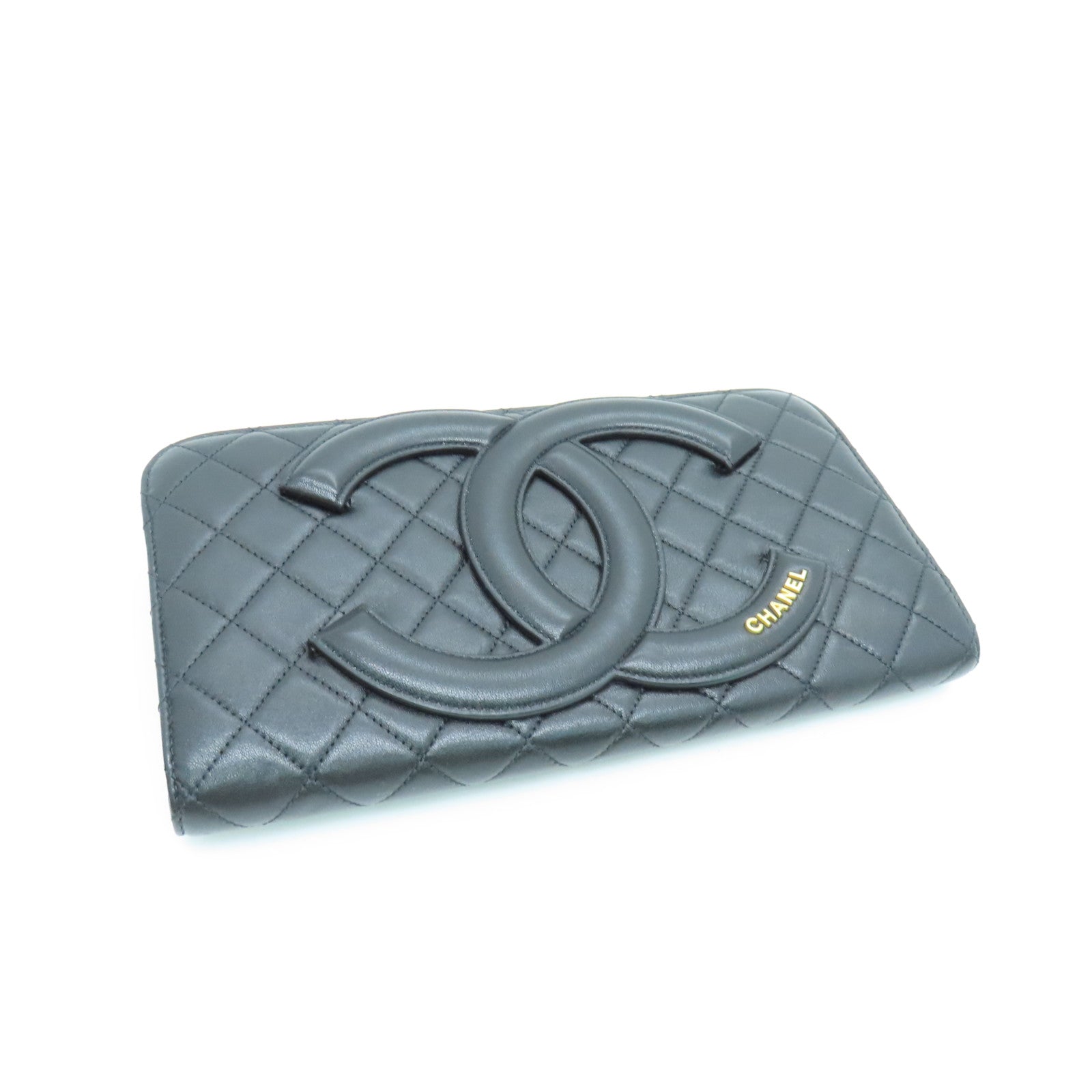 CHANEL 菱格牛皮皮革Pouch金扣手拿包黑色